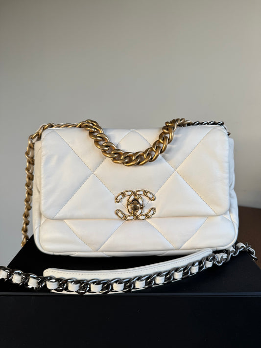 Pre-owned Chanel 19 Small White Lambskin Flap Bag