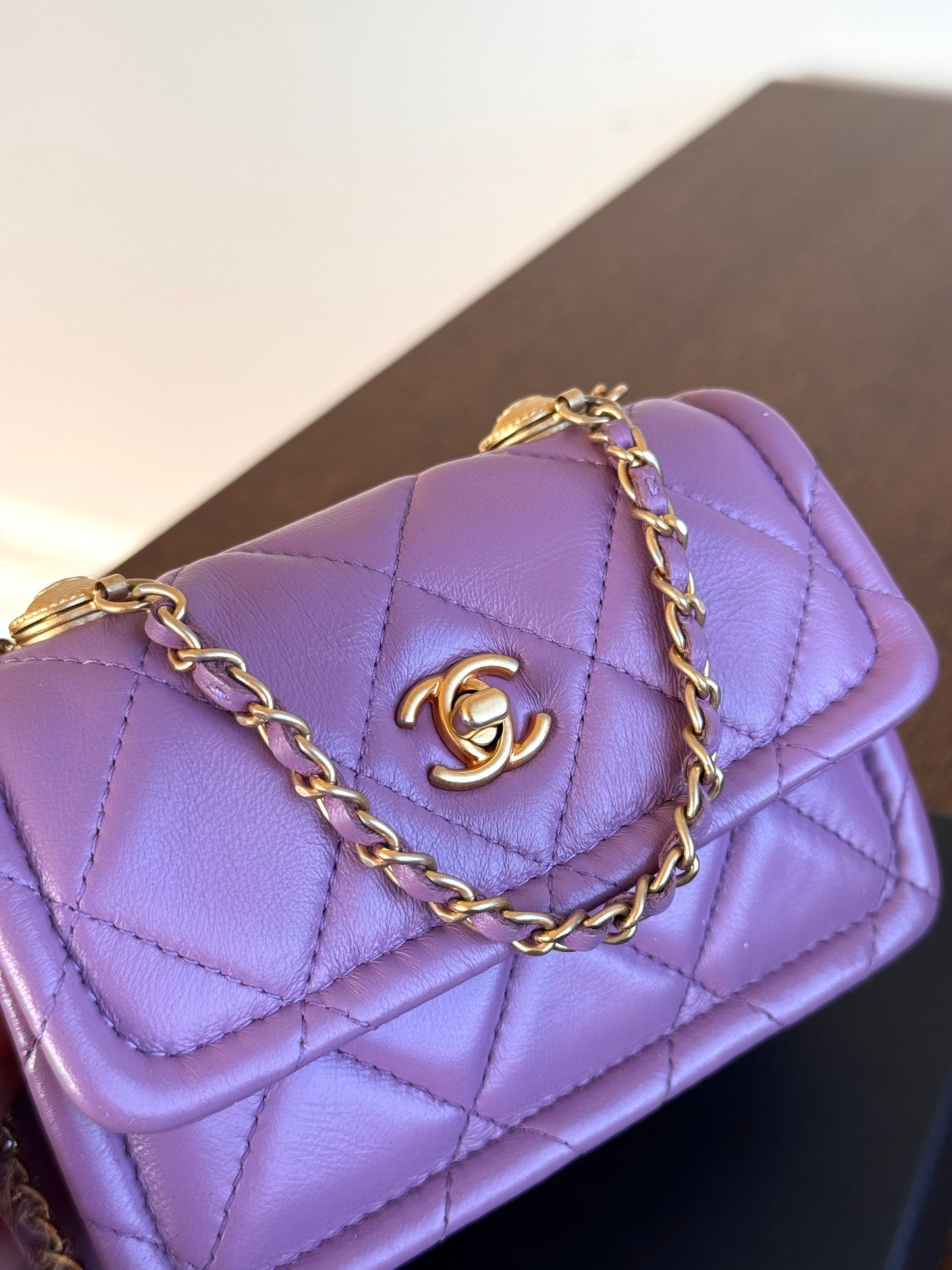 Pre-owned Chanel Button On Top Mini Purple Lambskin Flap Bag