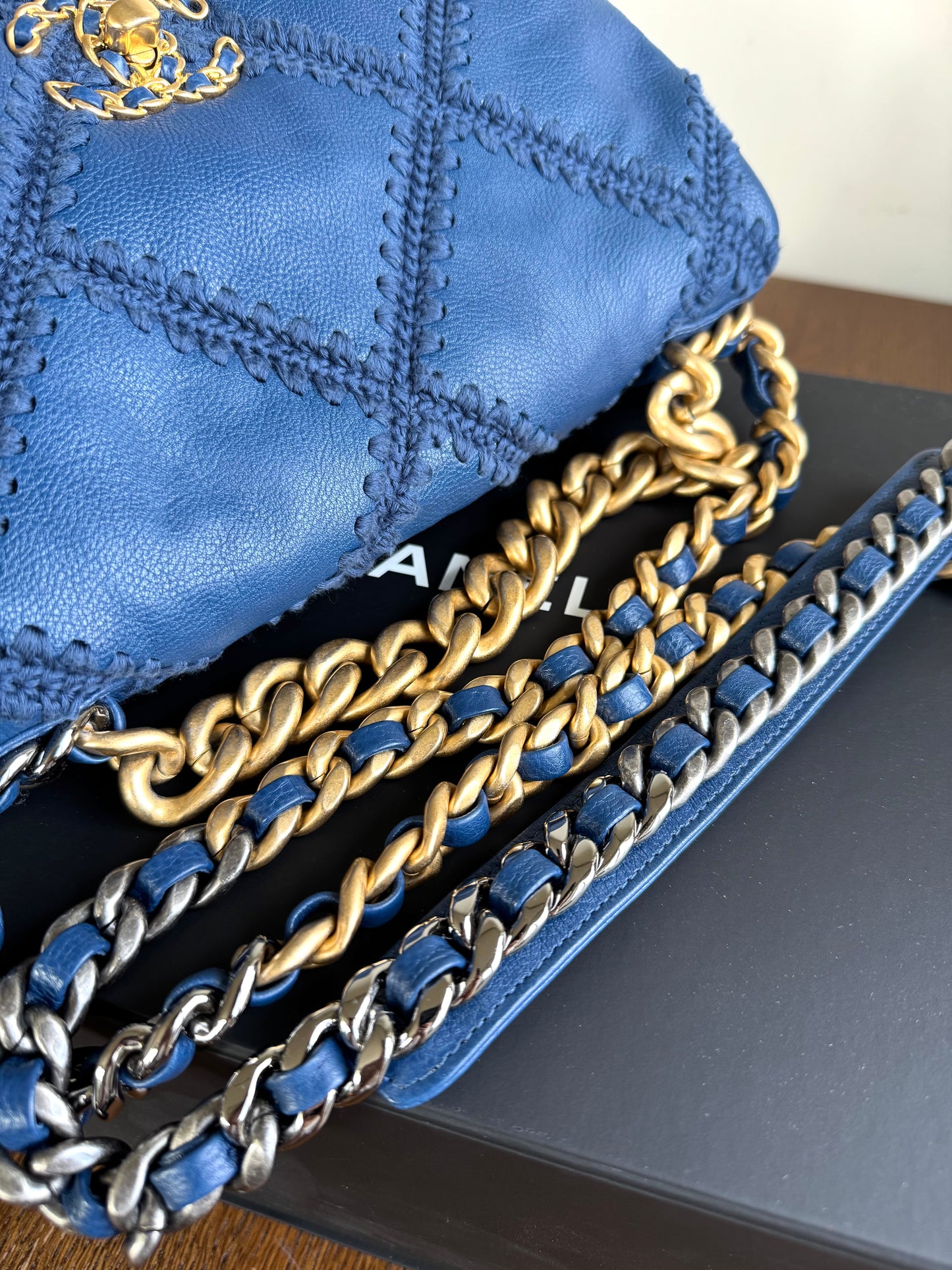 Pre-owned Chanel 19 Large Denim Blue Calfskin Crochet Bag