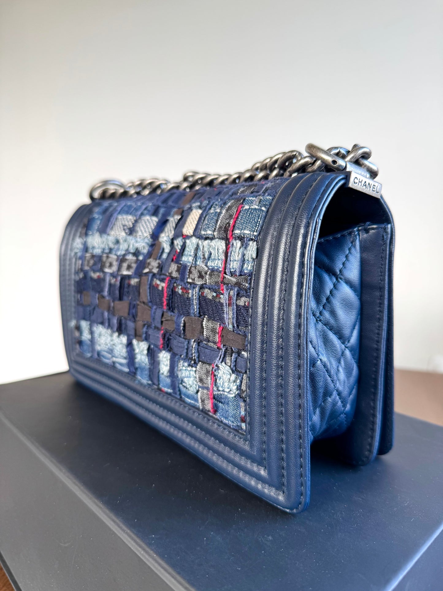 Pre-owned Chanel Boy Medium Blue Denim Tweed Leather Flap Bag