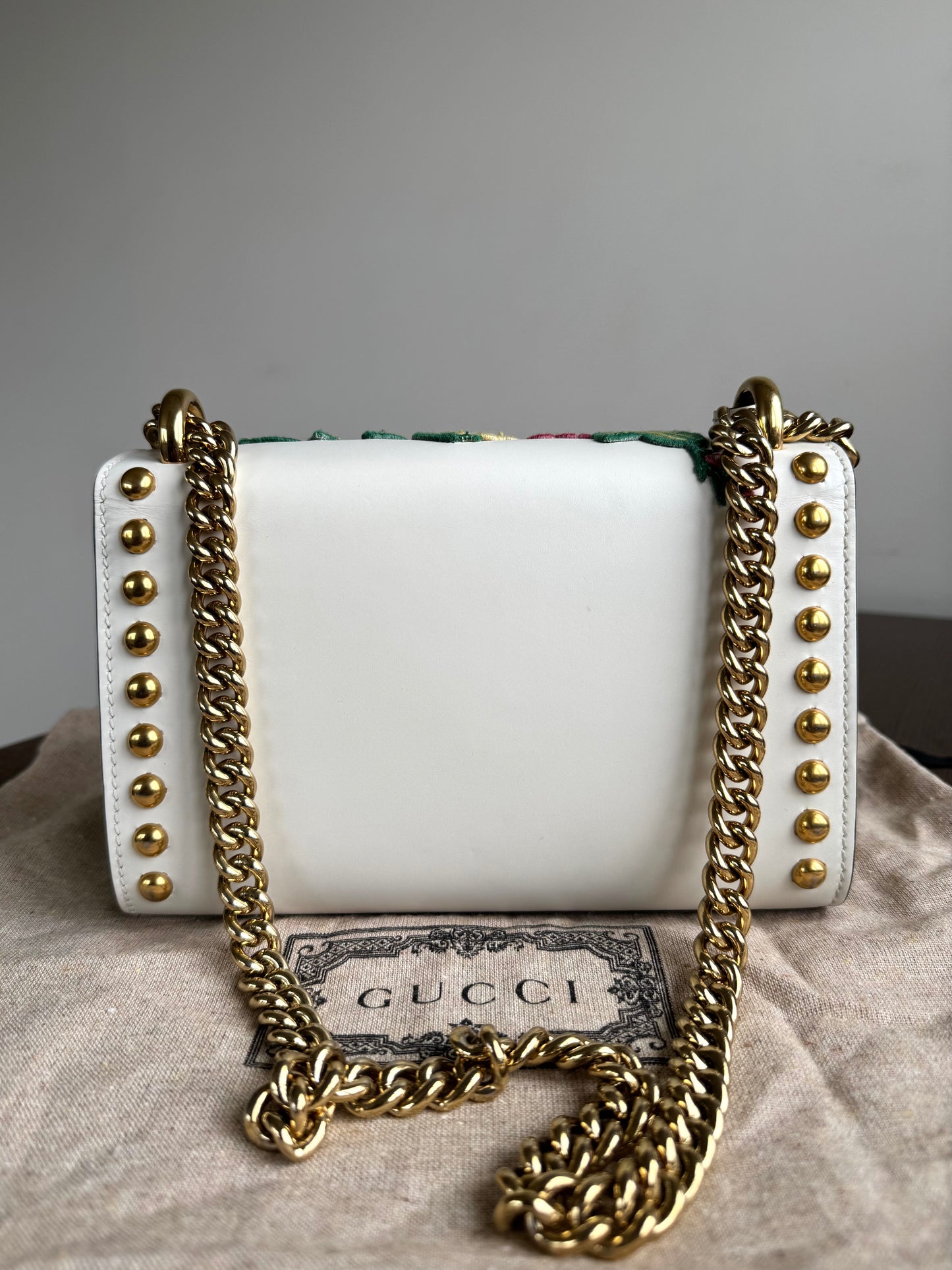 Pre-owned Gucci Padlock Small White Floral Embroidered Studded Leather Bag