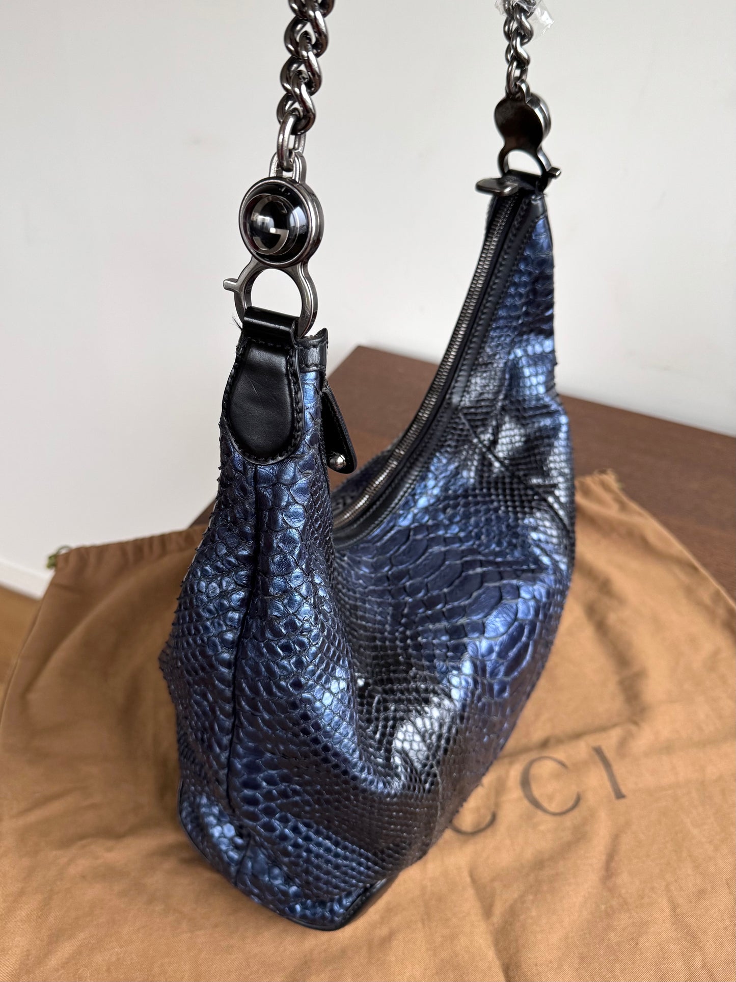 Pre-owned Gucci Galaxy Python Metallic Blue Hobo Bag