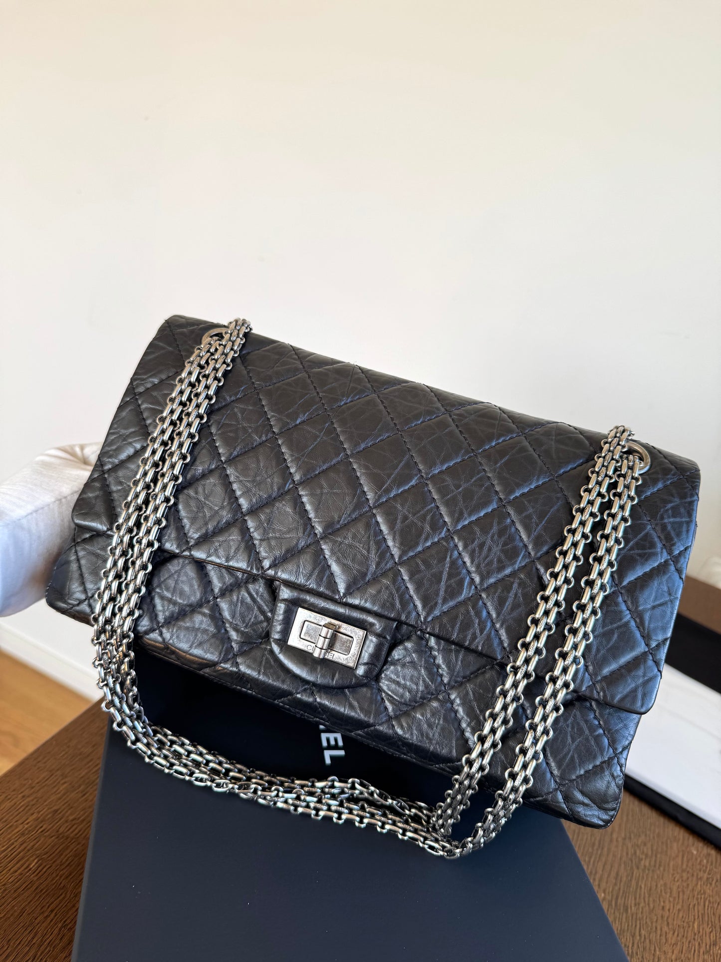 Pre-owned Chanel 2.55 Reissue Large 226 Black Calfskin Flap Bag