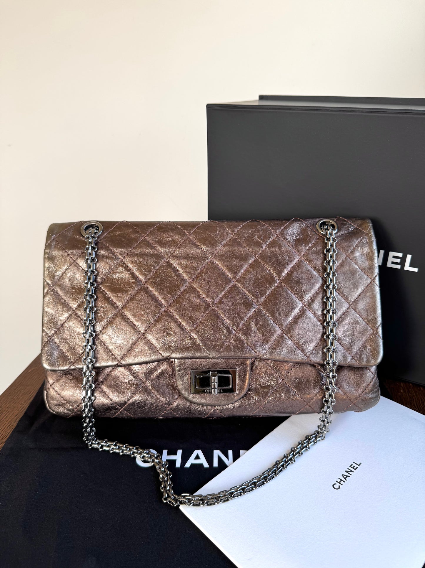 Pre-owned Chanel 2.55 Reissue Maxi 227 Bronze Metallic Calfskin Flap Bag