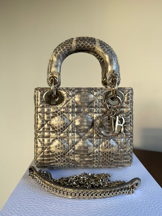 Pre-owned Dior Lady Dior Mini Metallic Grey Beige Python Bag