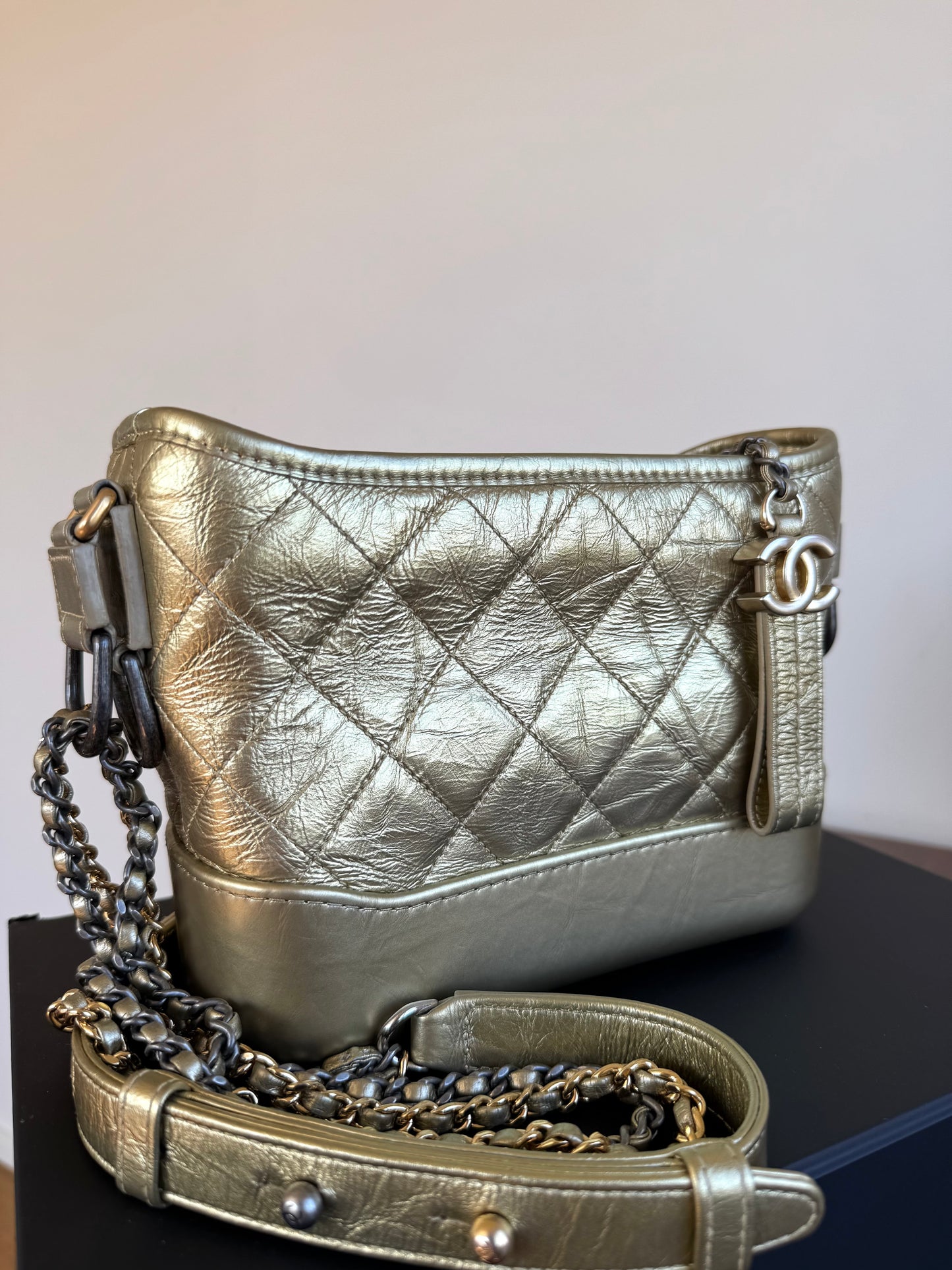 Pre-owned Chanel Gabrielle Small Gold Leather Hobo Bag