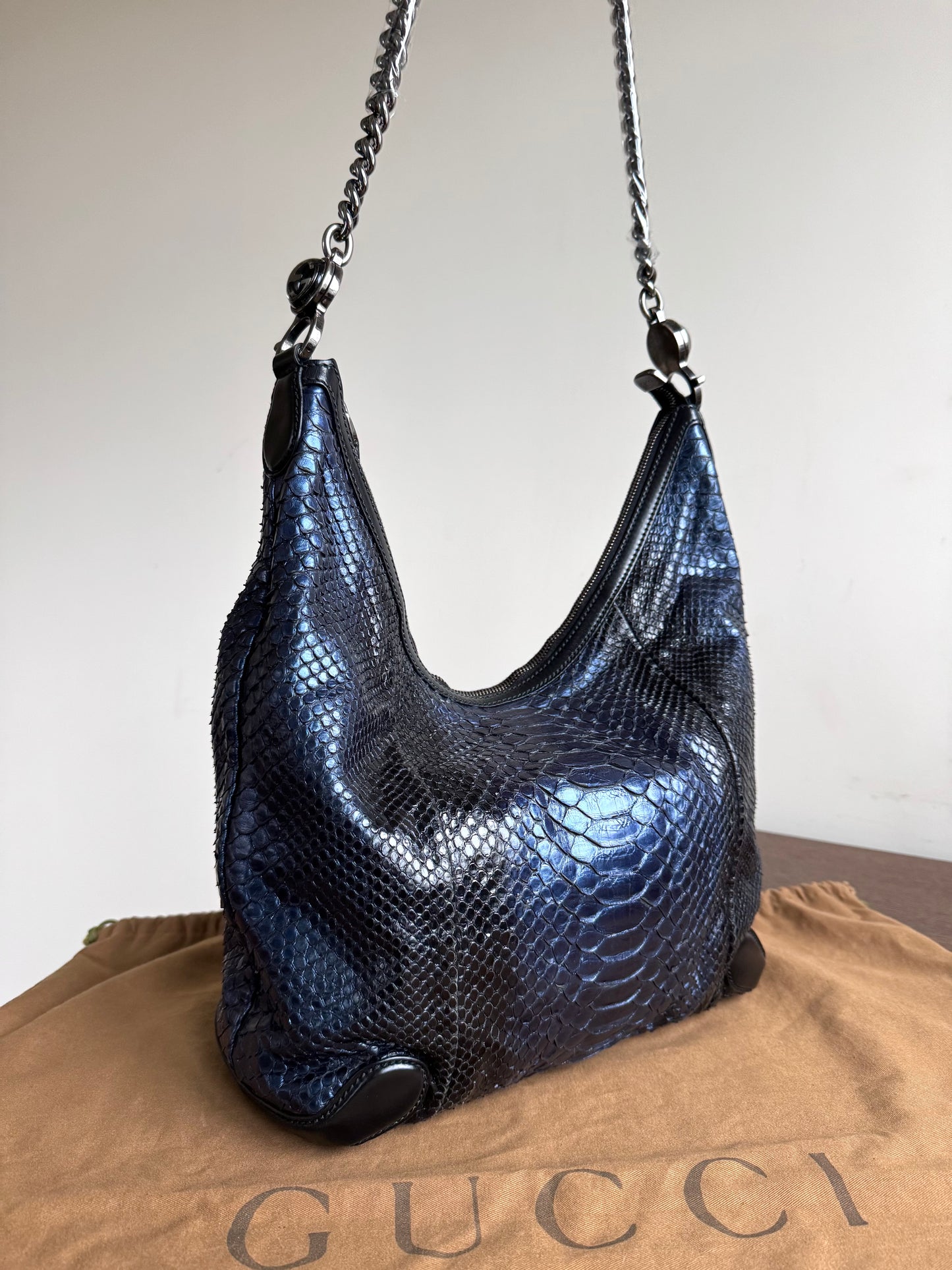 Pre-owned Gucci Galaxy Python Metallic Blue Hobo Bag