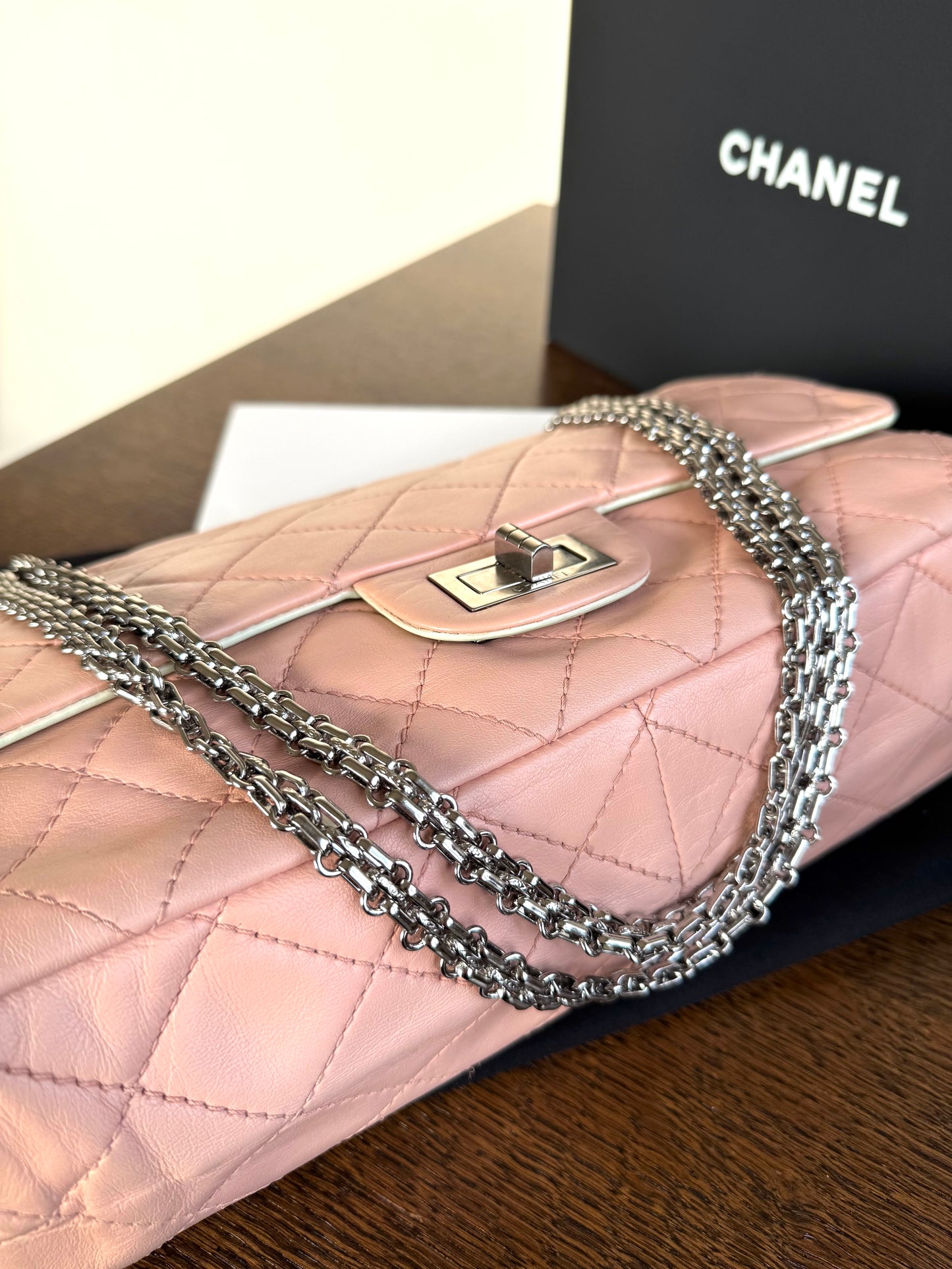 Pre-owned Chanel 2.55 Maxi 227 Rose Mint Lambskin Flap Bag