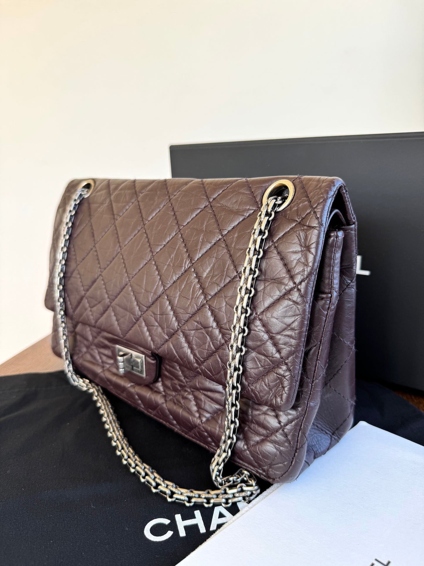 Pre-owned Chanel 2.55 Reissue Large 226 Dark Plum Brown Leather Flap Bag