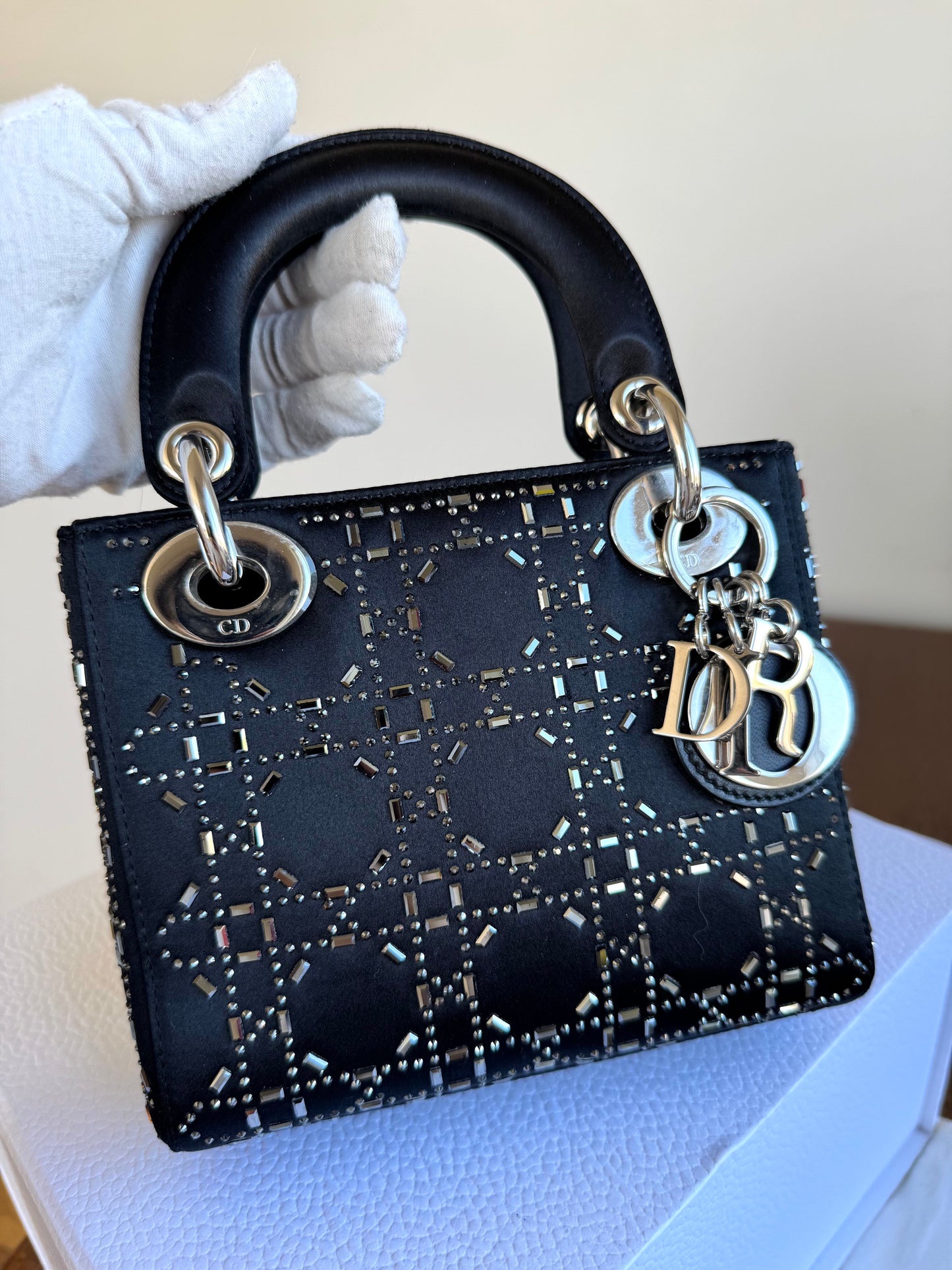 Pre-owned Dior Lady Dior Mini Black Satin Bag