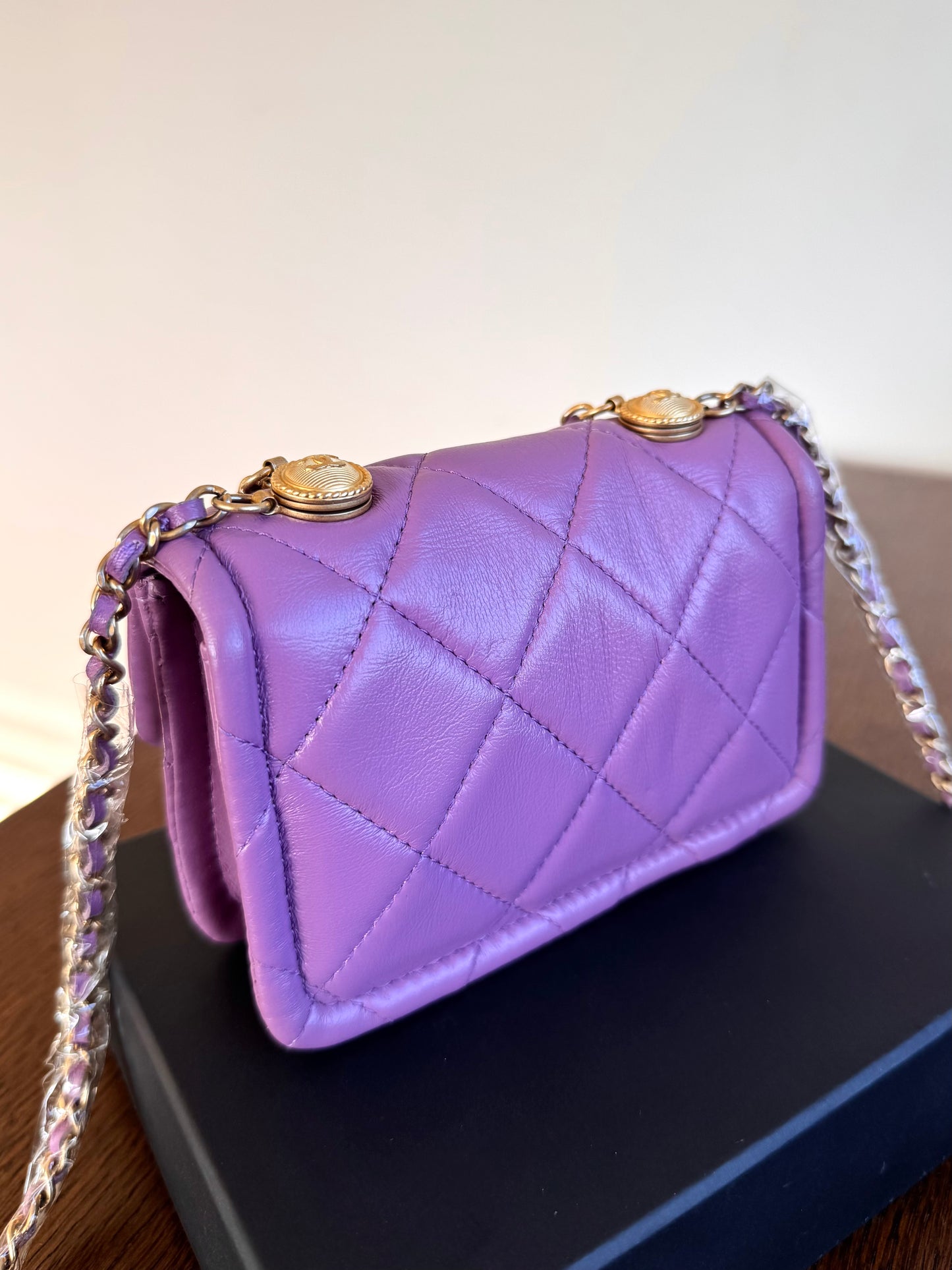 Pre-owned Chanel Button On Top Mini Purple Lambskin Flap Bag