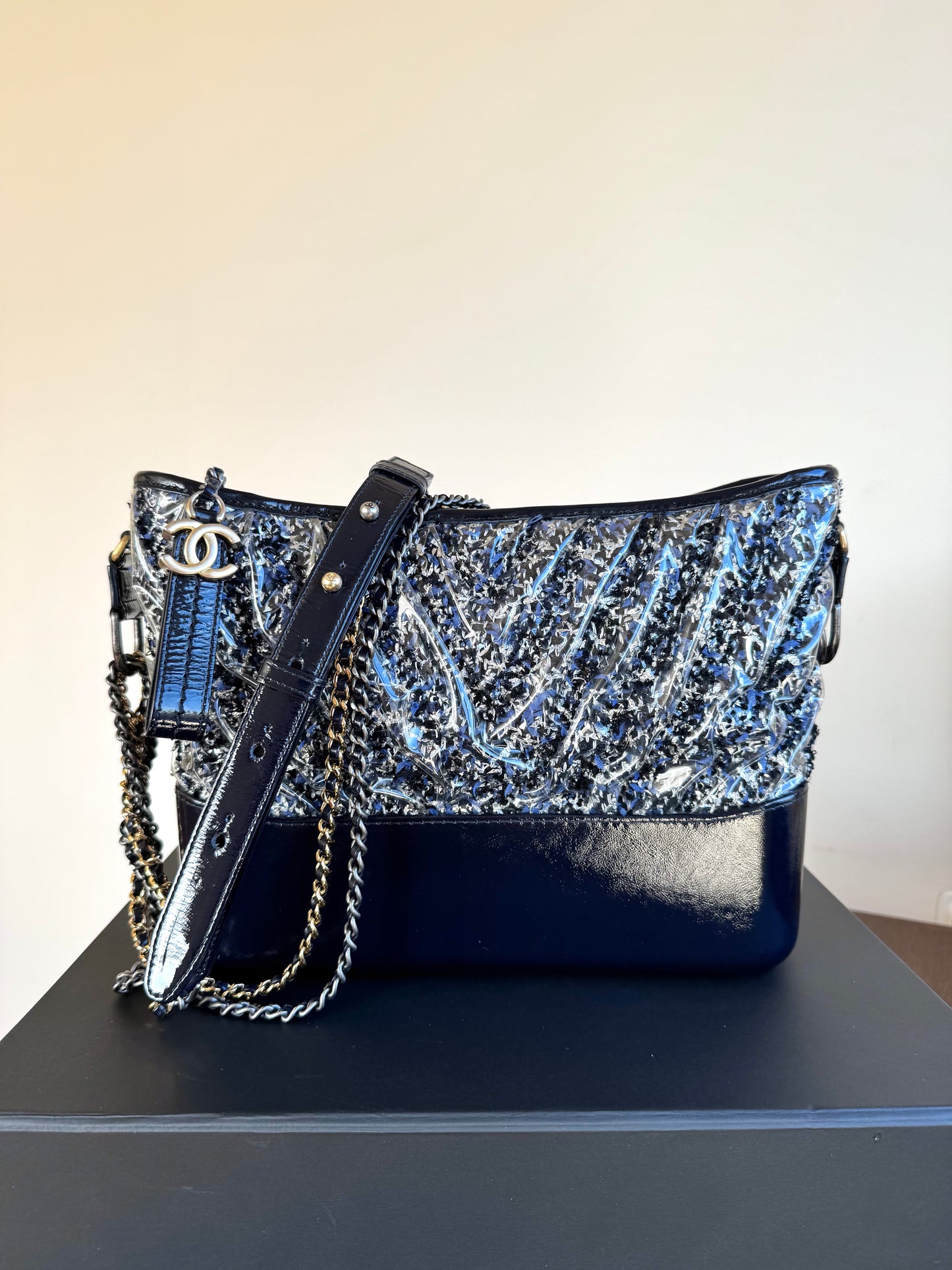 Pre-owned Chanel Gabrielle Medium PVC Tweed Navy Hobo Bag