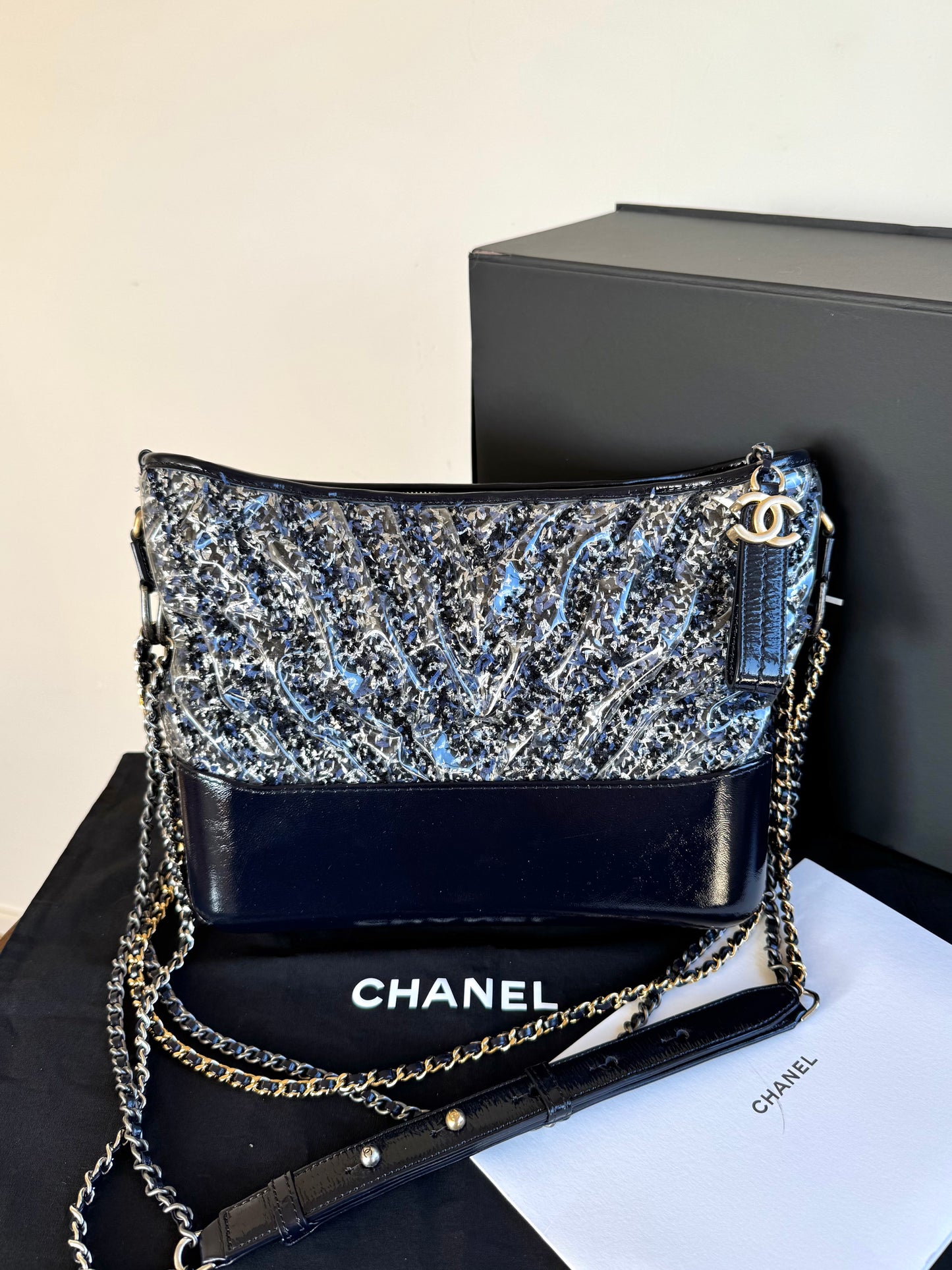 Pre-owned Chanel Gabrielle Medium PVC Tweed Navy Hobo Bag