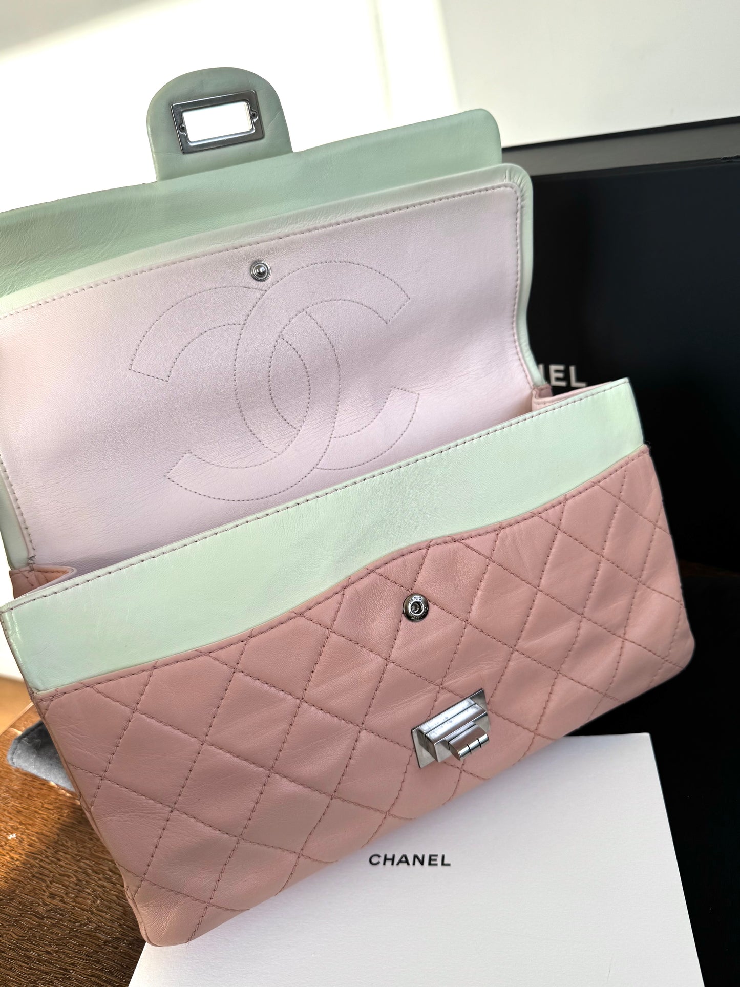 Pre-owned Chanel 2.55 Maxi 227 Rose Mint Lambskin Flap Bag
