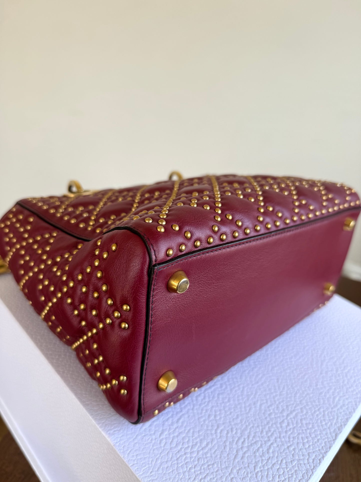 Pre-owned Dior Lady Dior Medium Studded Burgundy Calfskin Bag