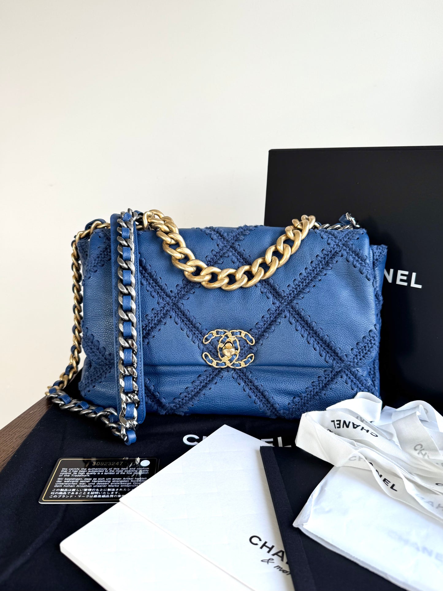 Pre-owned Chanel 19 Large Denim Blue Calfskin Crochet Bag