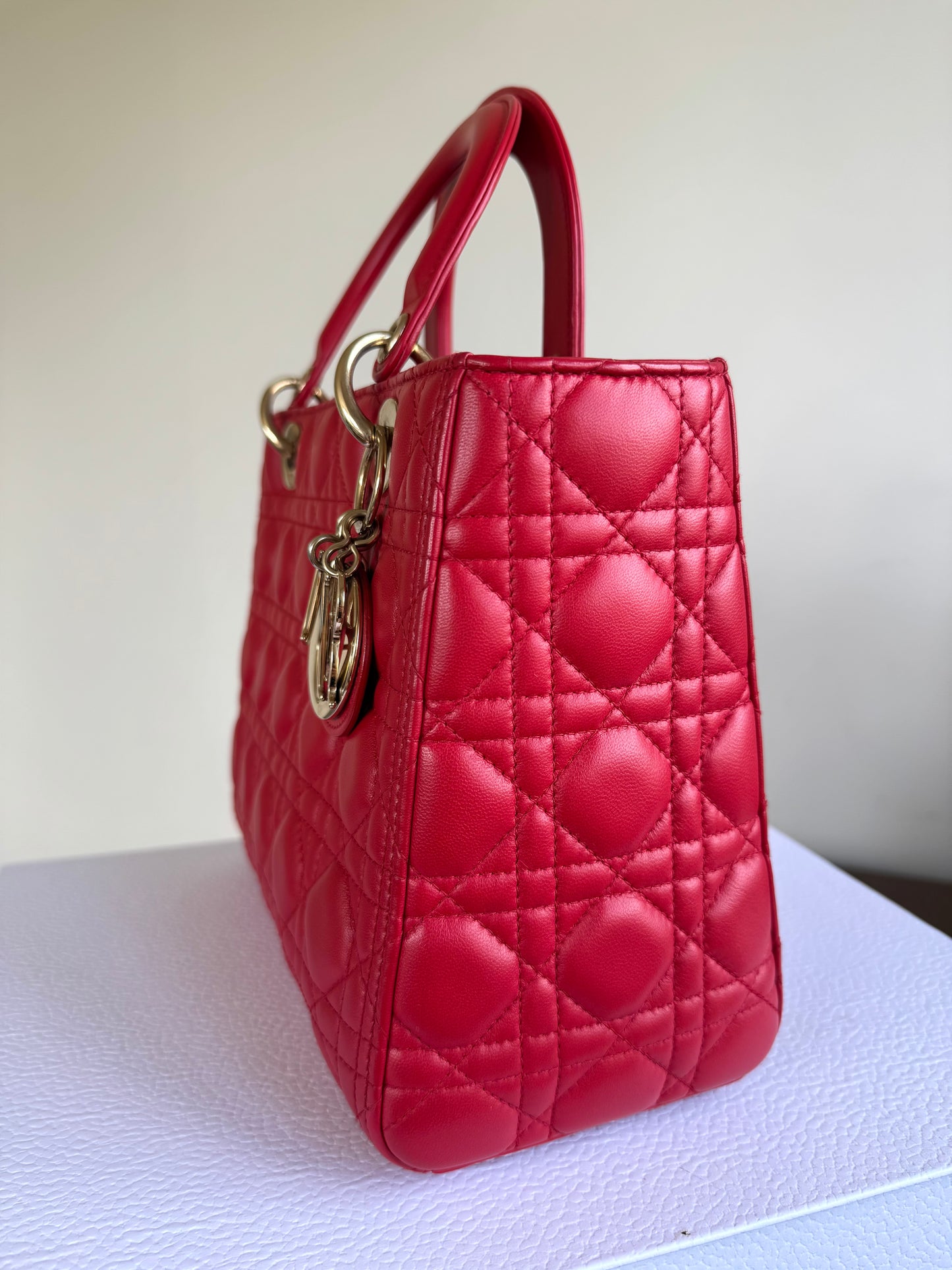 Pre-owned Dior Lady Dior Medium Red Lambskin Bag