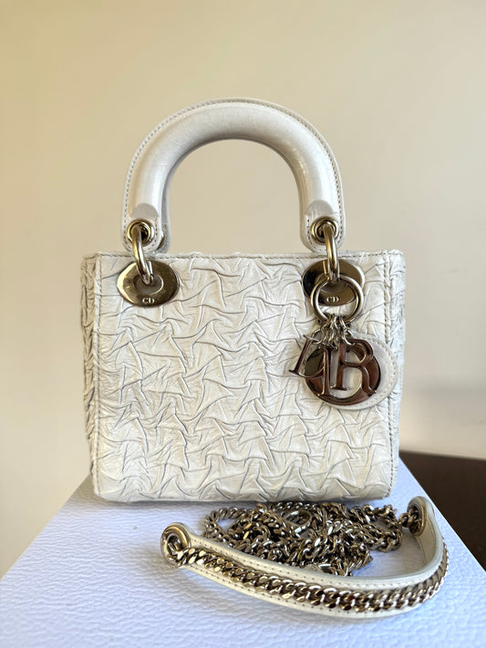Pre-owned Dior Lady Dior Mini Off-White Eggshell Wrinkled Leather Bag