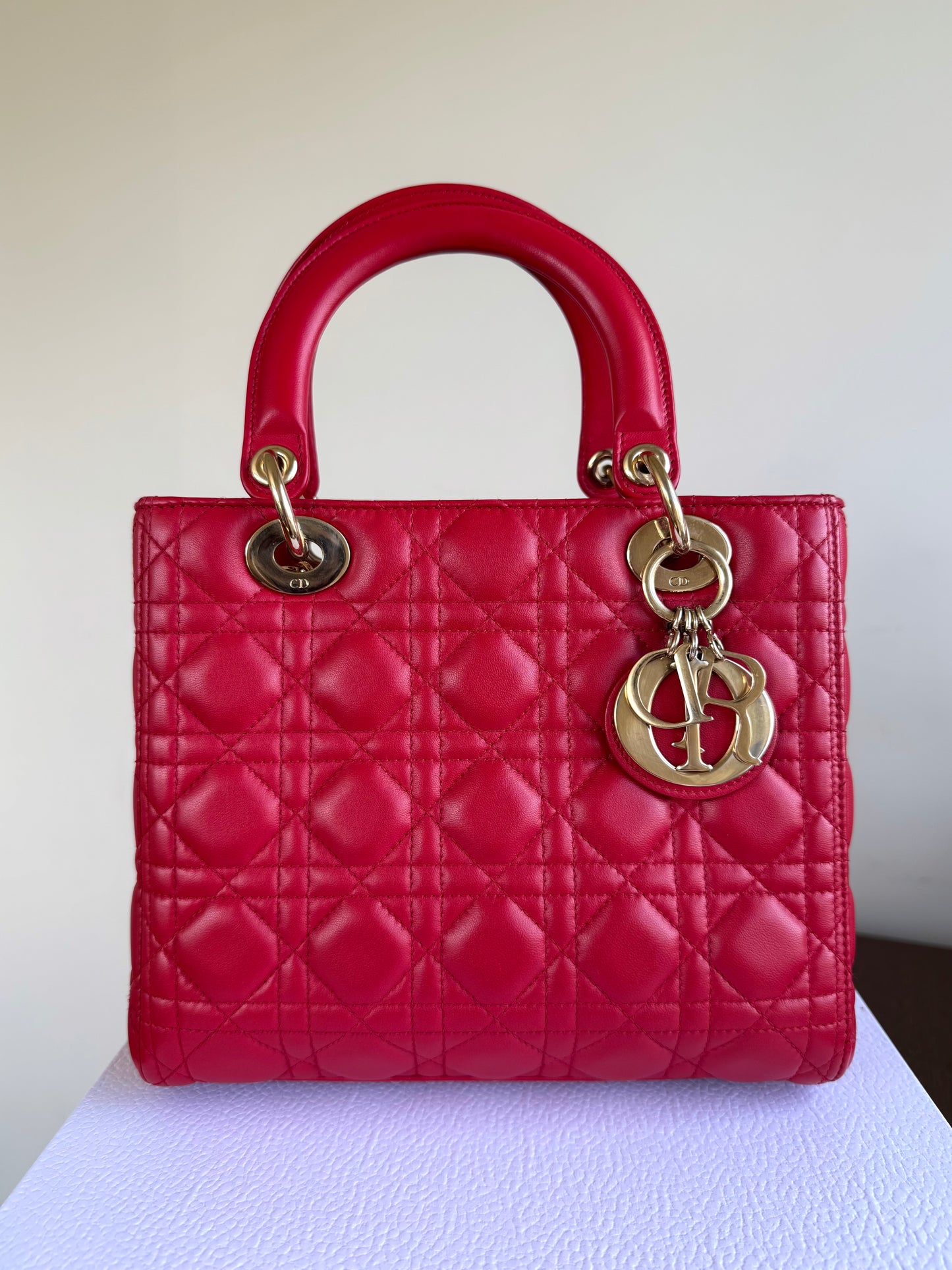 Pre-owned Dior Lady Dior Medium Red Lambskin Bag