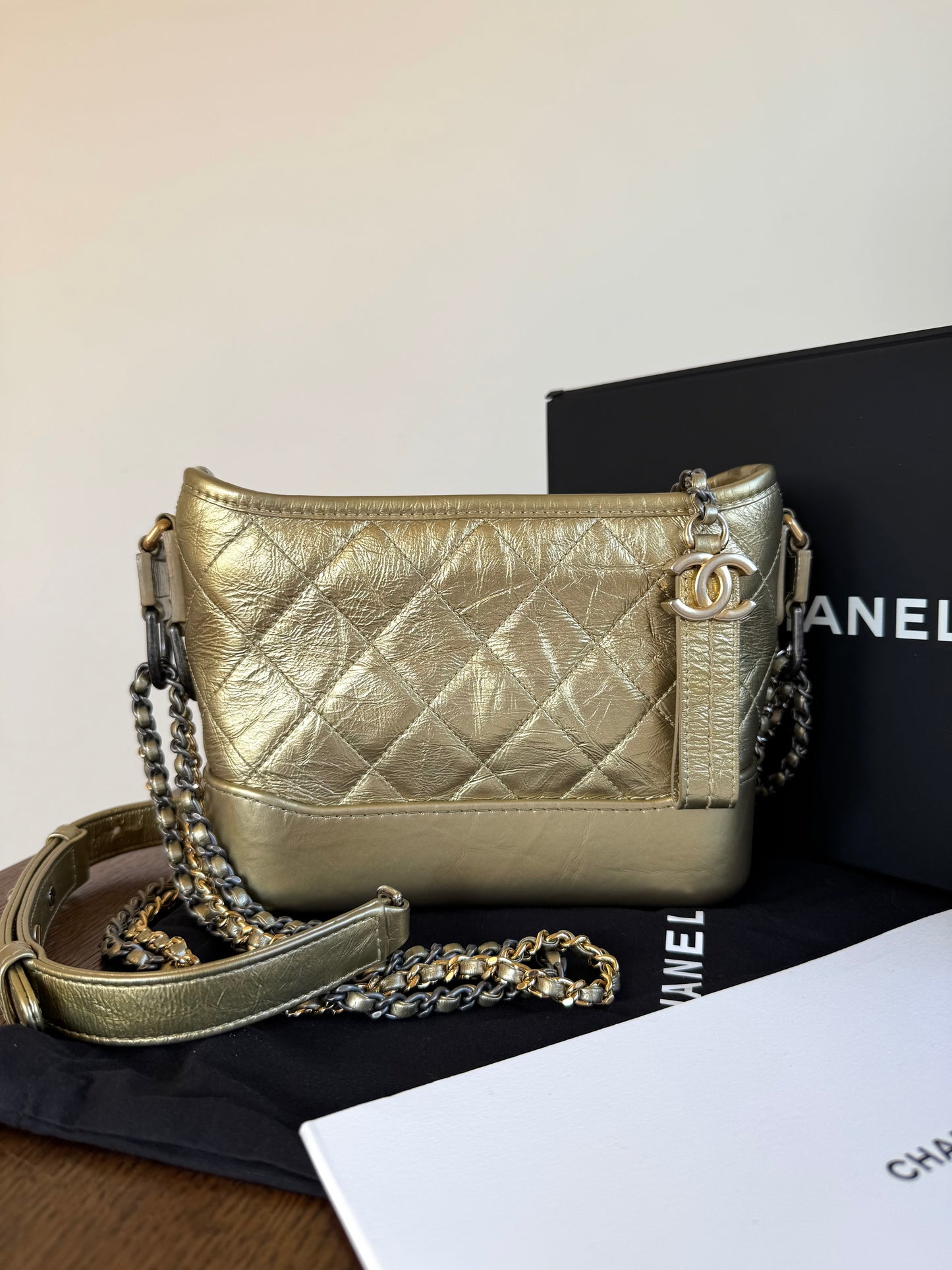 Pre-owned Chanel Gabrielle Small Gold Leather Hobo Bag