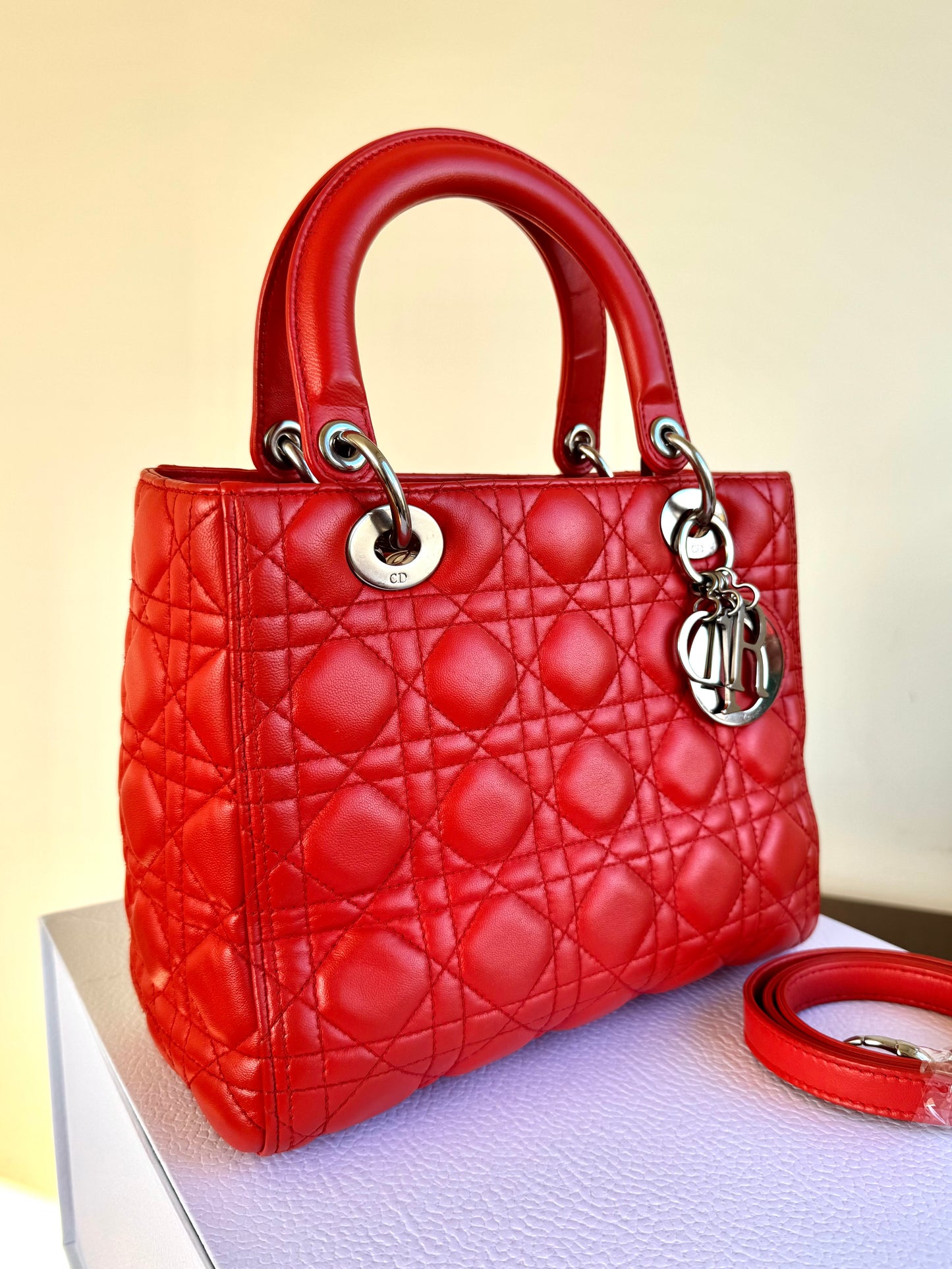 Pre-owned Dior Lady Dior Medium Orange Lambskin Bag