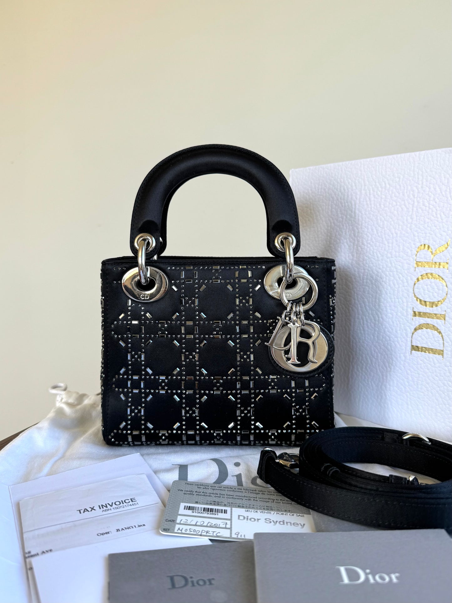 Pre-owned Dior Lady Dior Mini Black Satin Bag