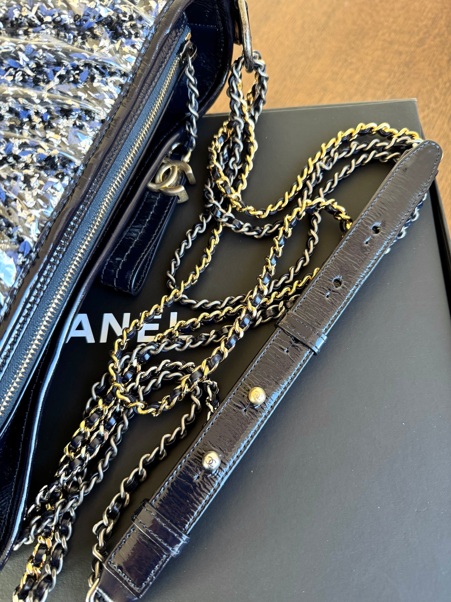 Pre-owned Chanel Gabrielle Medium PVC Tweed Navy Hobo Bag