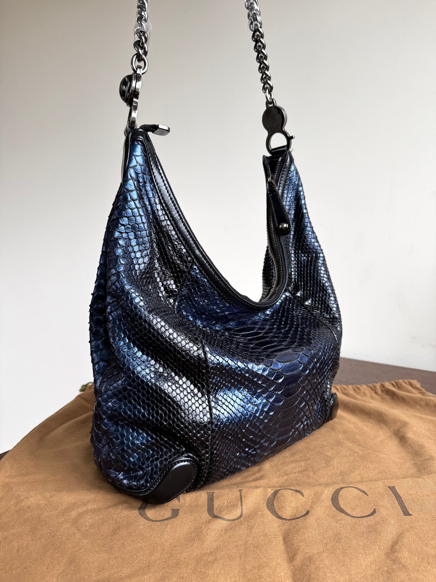 Pre-owned Gucci Galaxy Python Metallic Blue Hobo Bag
