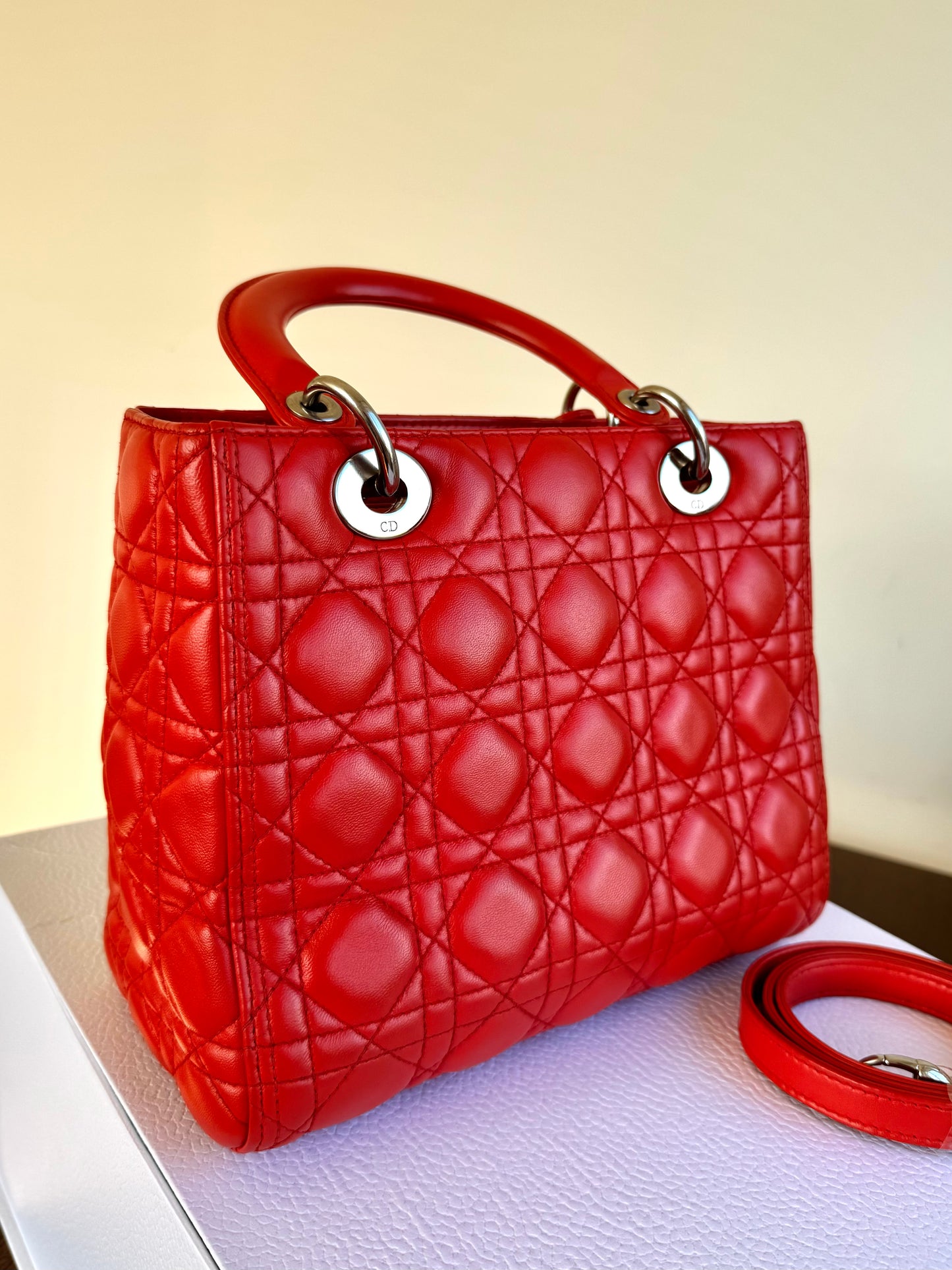 Pre-owned Dior Lady Dior Medium Orange Lambskin Bag