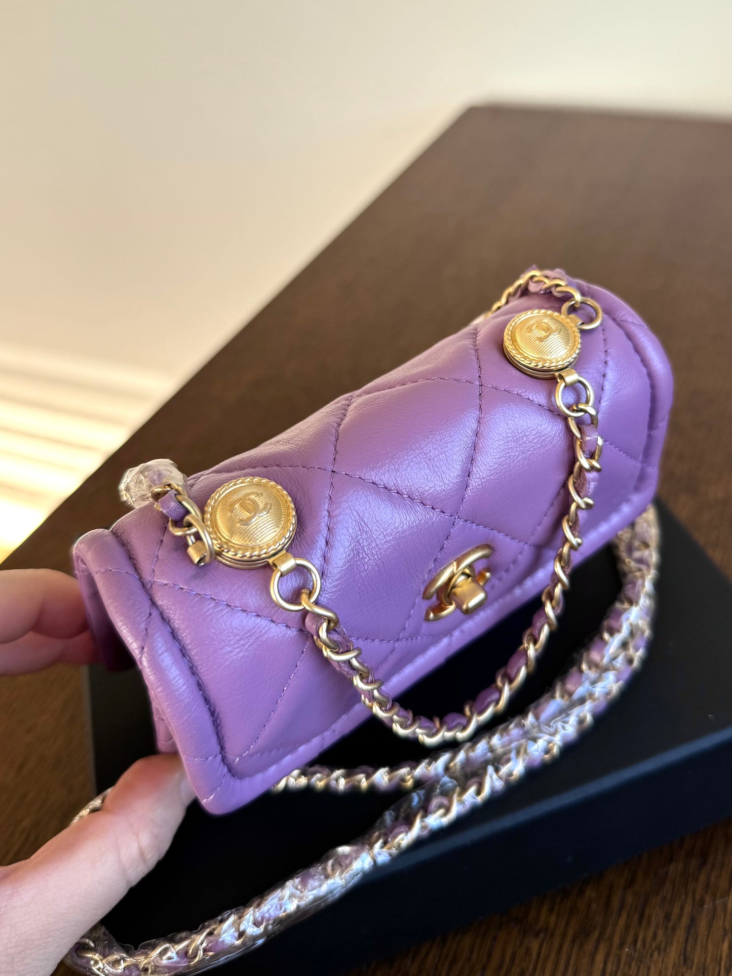 Pre-owned Chanel Button On Top Mini Purple Lambskin Flap Bag