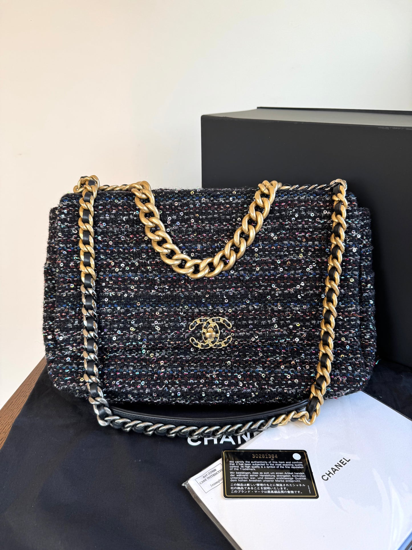 Pre-owned Chanel 19 Maxi Black Tweed Sequins Flap Bag