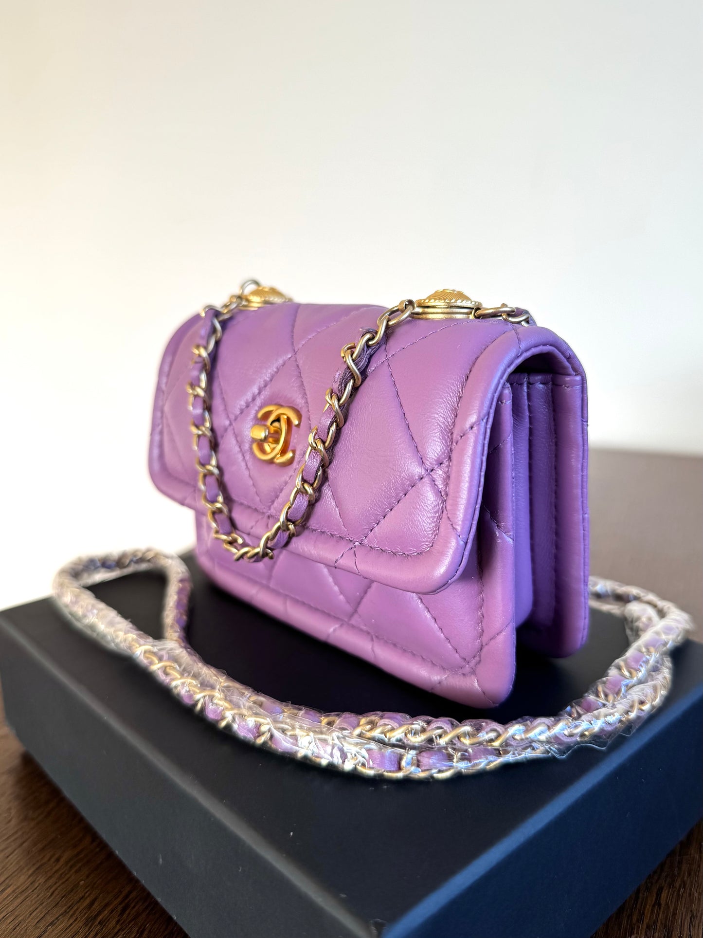 Pre-owned Chanel Button On Top Mini Purple Lambskin Flap Bag