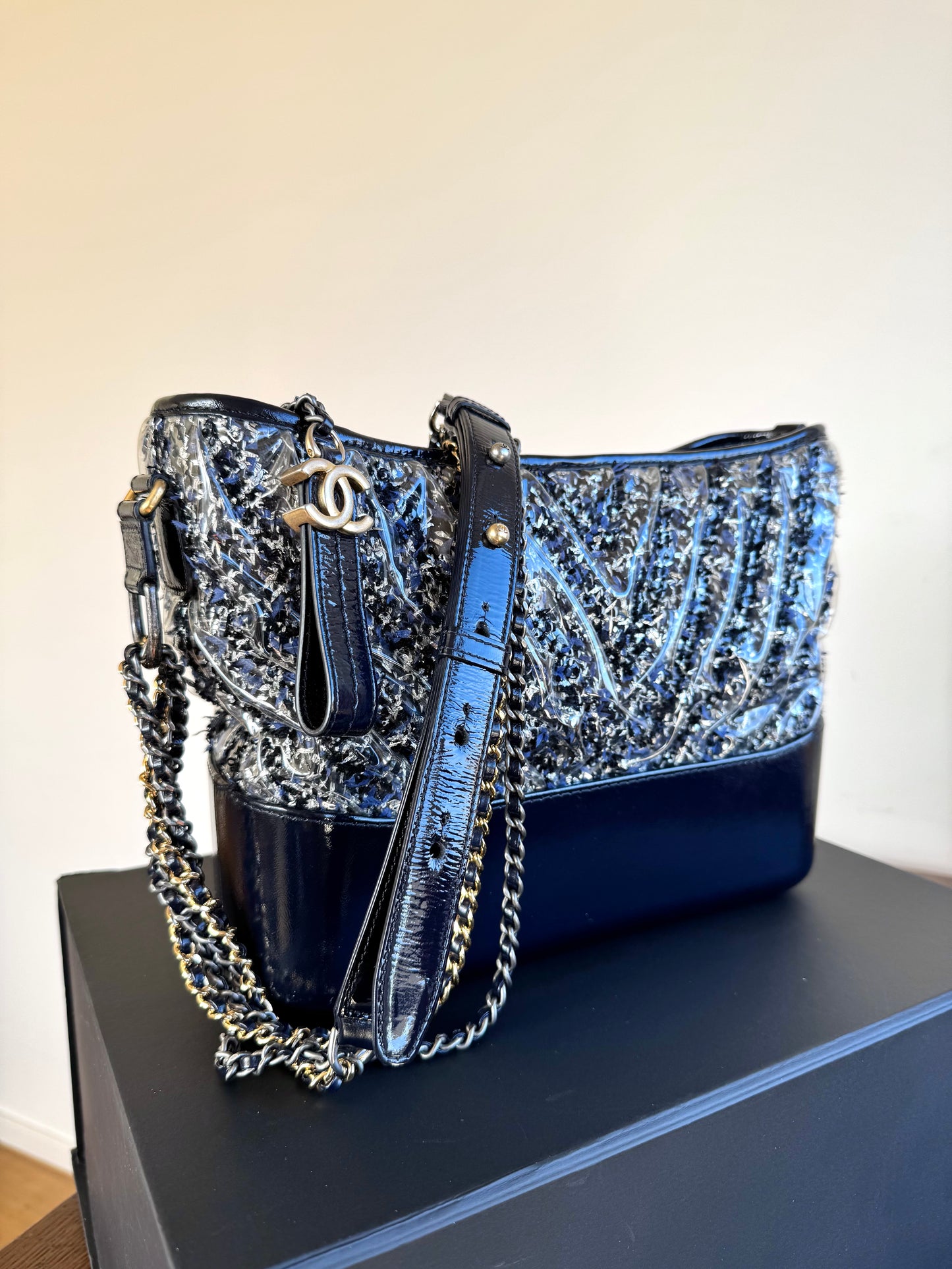 Pre-owned Chanel Gabrielle Medium PVC Tweed Navy Hobo Bag