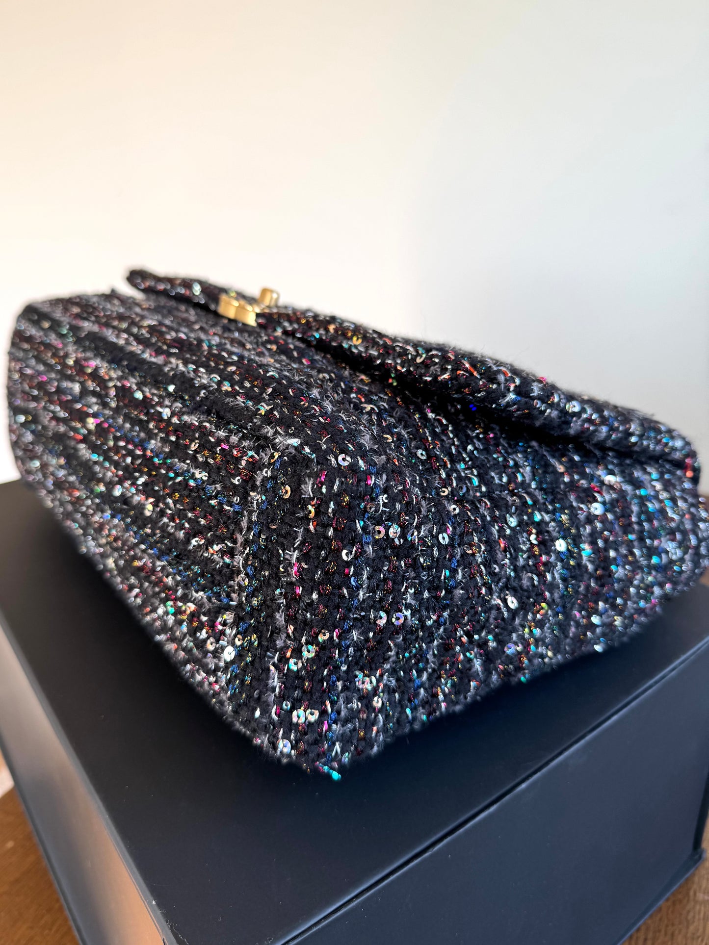 Pre-owned Chanel 19 Maxi Black Tweed Sequins Flap Bag