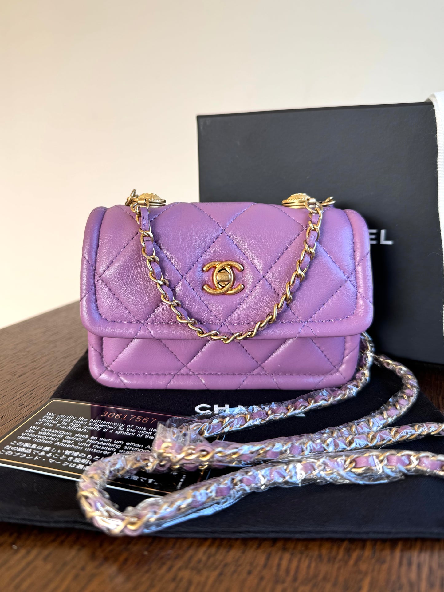 Pre-owned Chanel Button On Top Mini Purple Lambskin Flap Bag