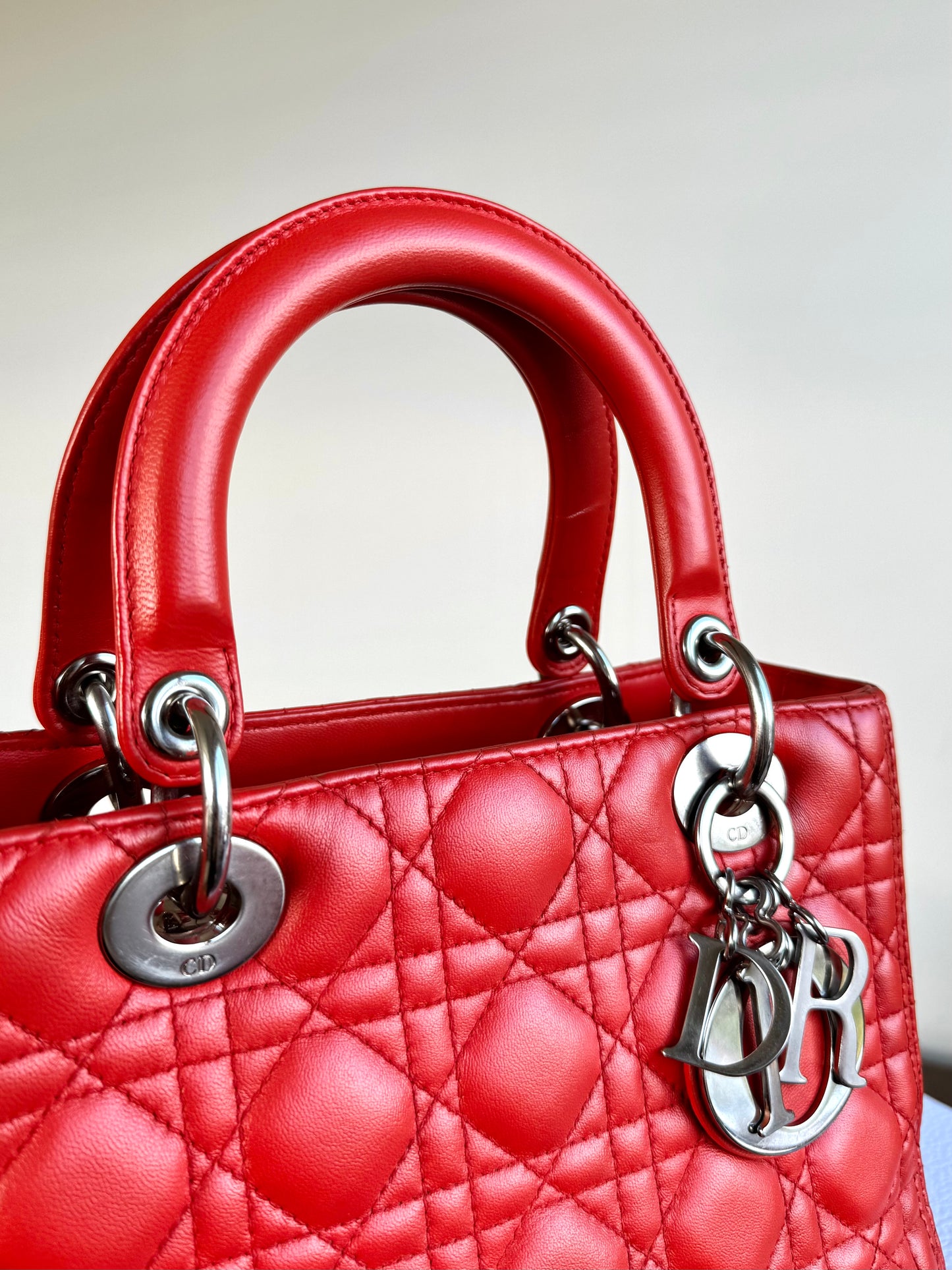 Pre-owned Dior Lady Dior Medium Orange Lambskin Bag