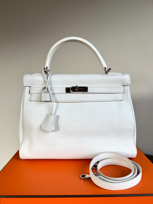 Pre-owned Hermès Kelly 32 White Clemence Leather Bag