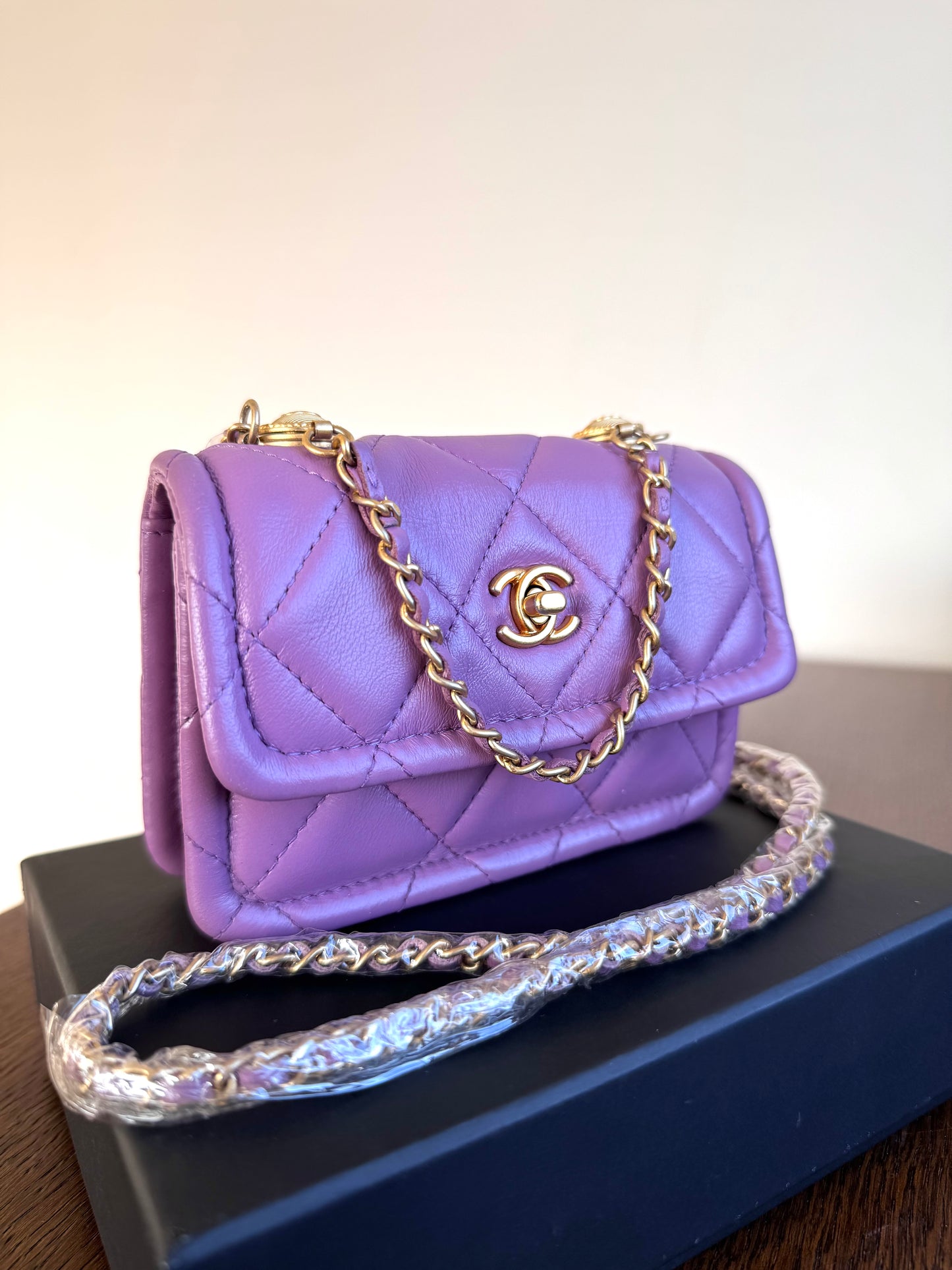 Pre-owned Chanel Button On Top Mini Purple Lambskin Flap Bag
