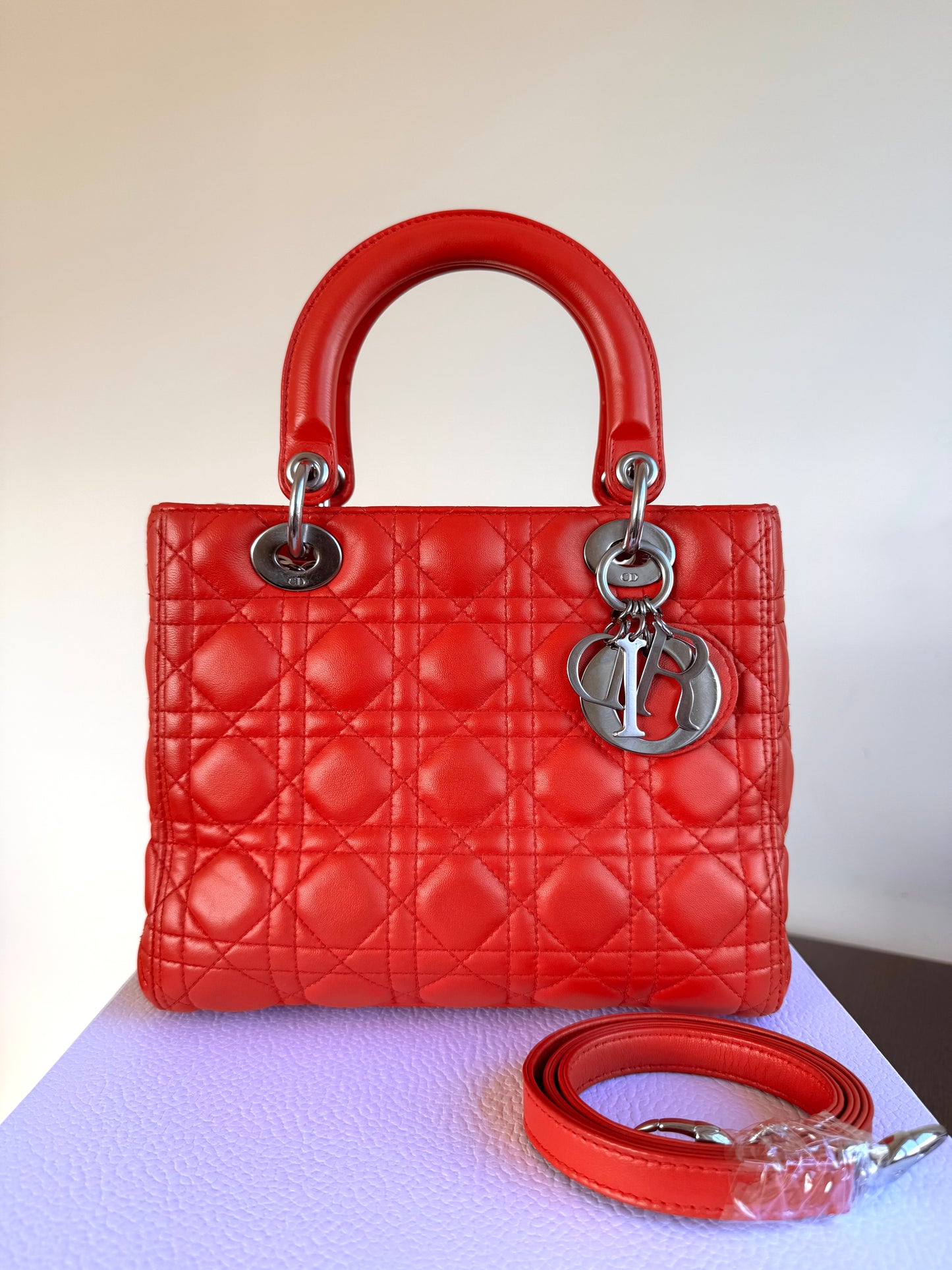 Pre-owned Dior Lady Dior Medium Orange Lambskin Bag