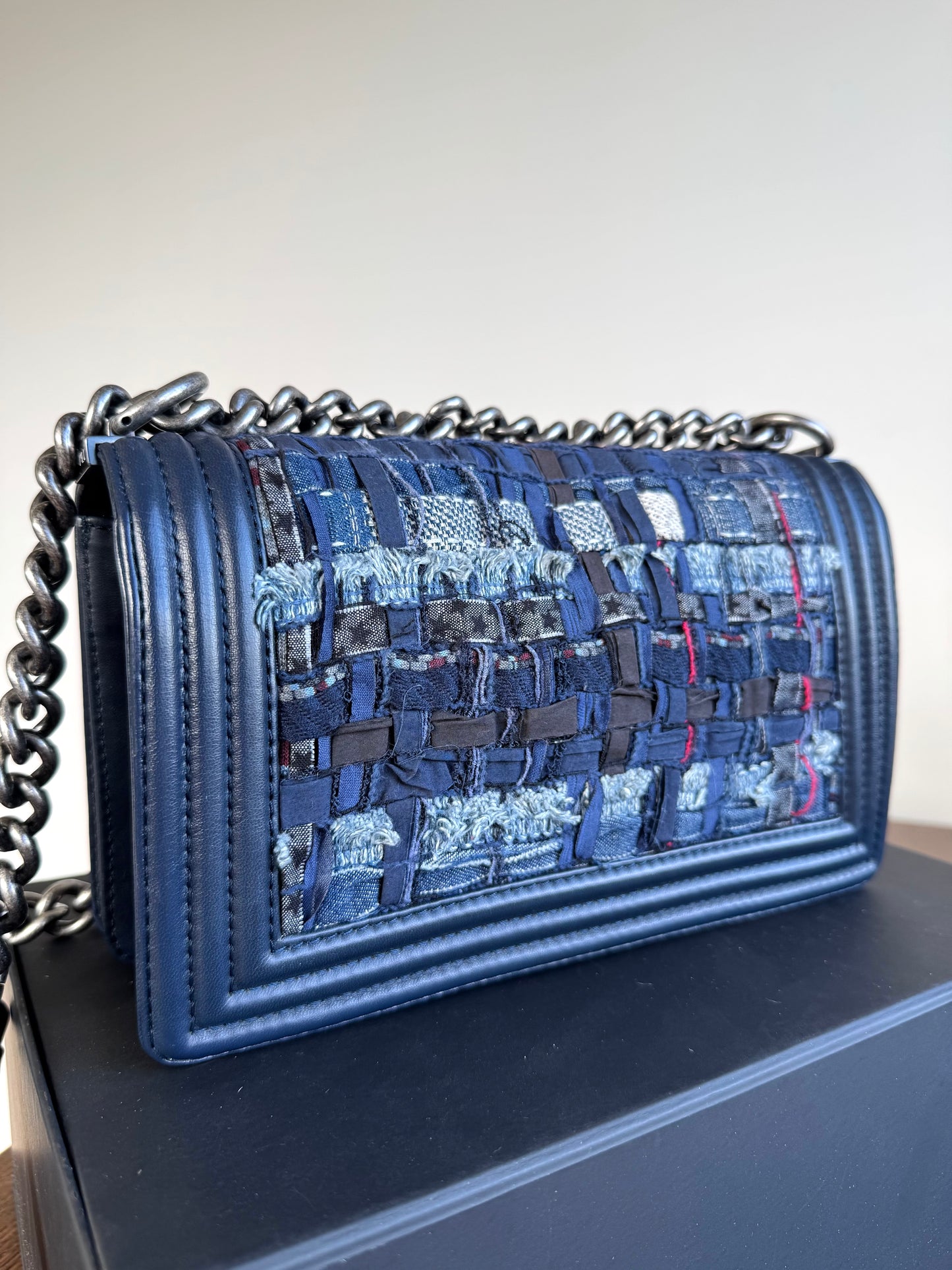 Pre-owned Chanel Boy Medium Blue Denim Tweed Leather Flap Bag