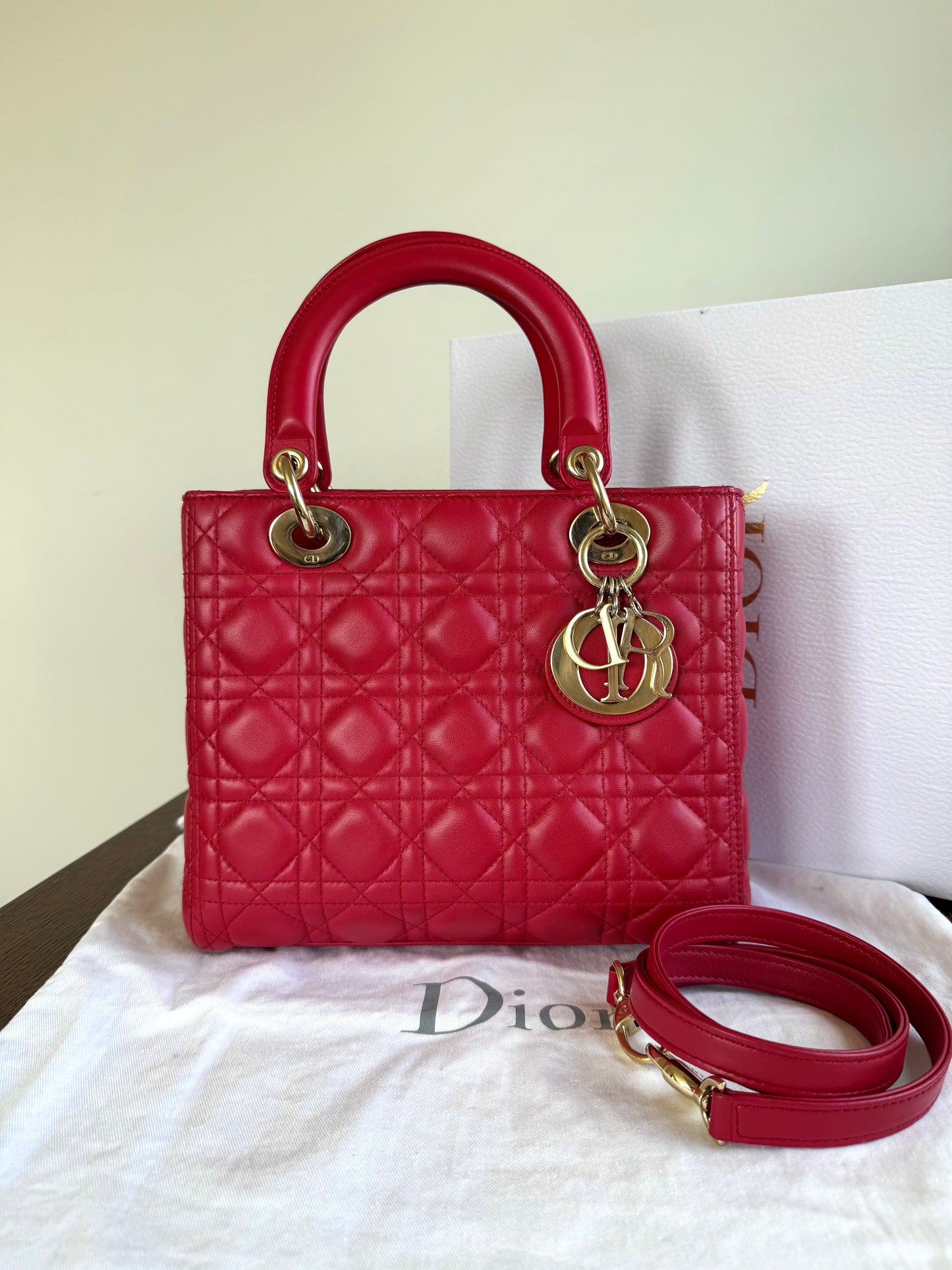 Pre-owned Dior Lady Dior Medium Red Lambskin Bag