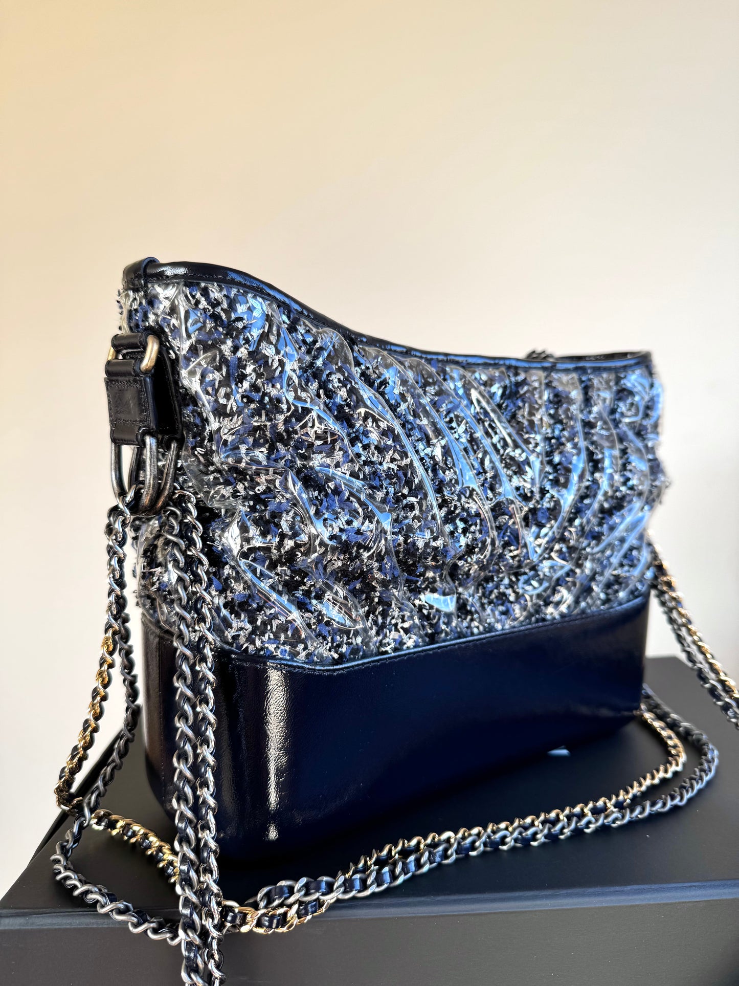 Pre-owned Chanel Gabrielle Medium PVC Tweed Navy Hobo Bag