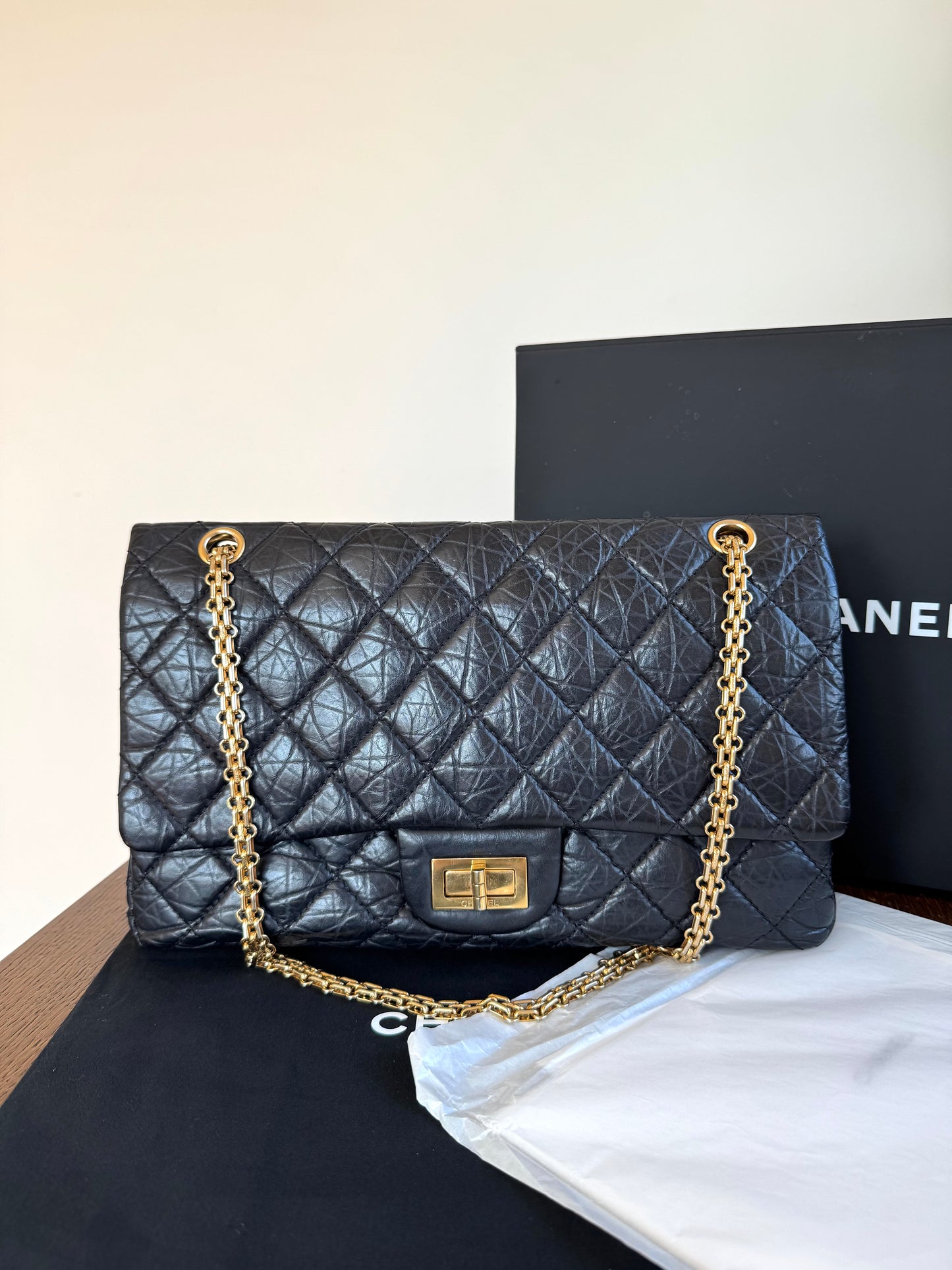 Pre-owned Chanel 2.55 Reissue Maxi 227 Black Calfskin Flap Bag