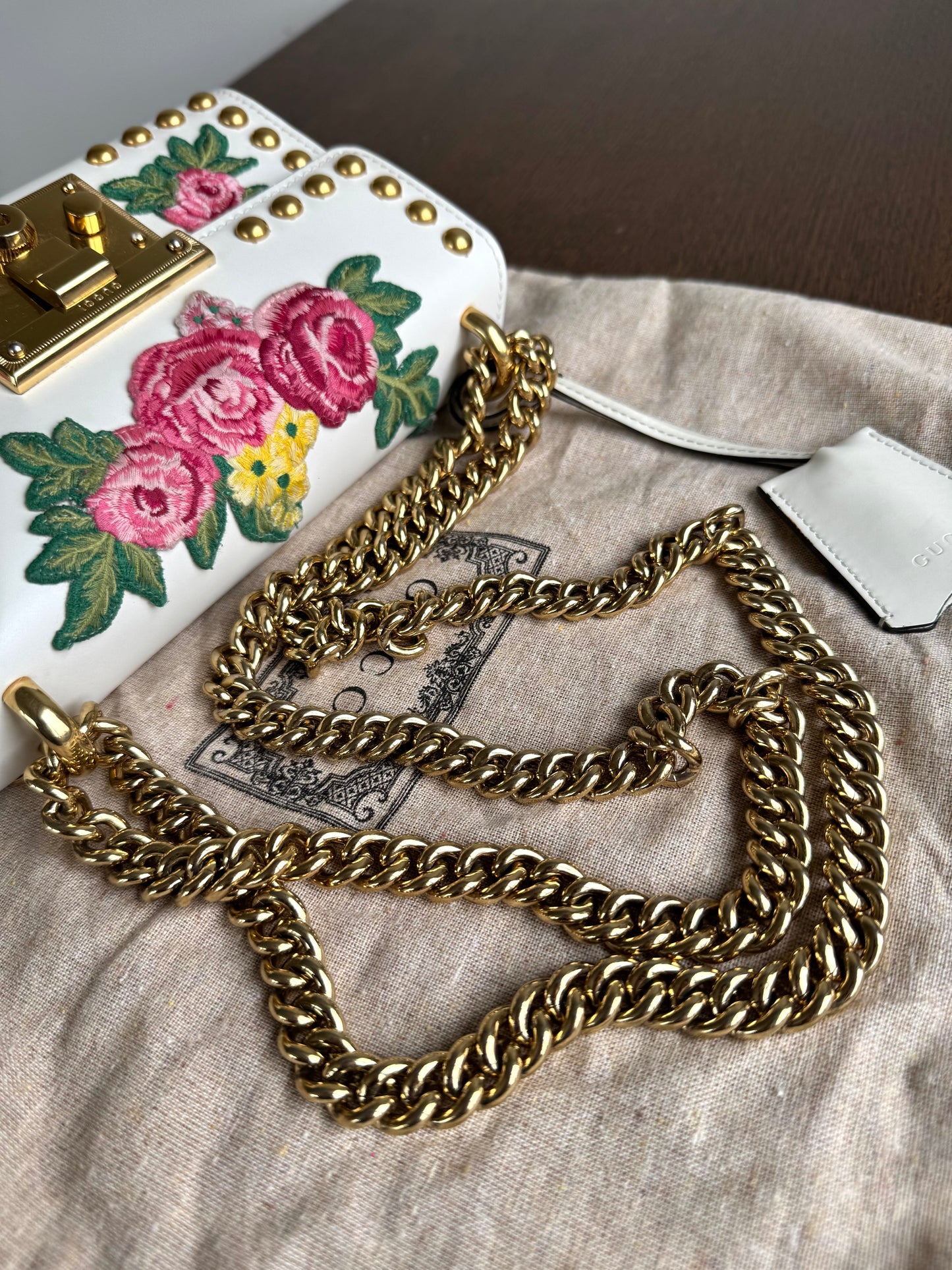 Pre-owned Gucci Padlock Small White Floral Embroidered Studded Leather Bag