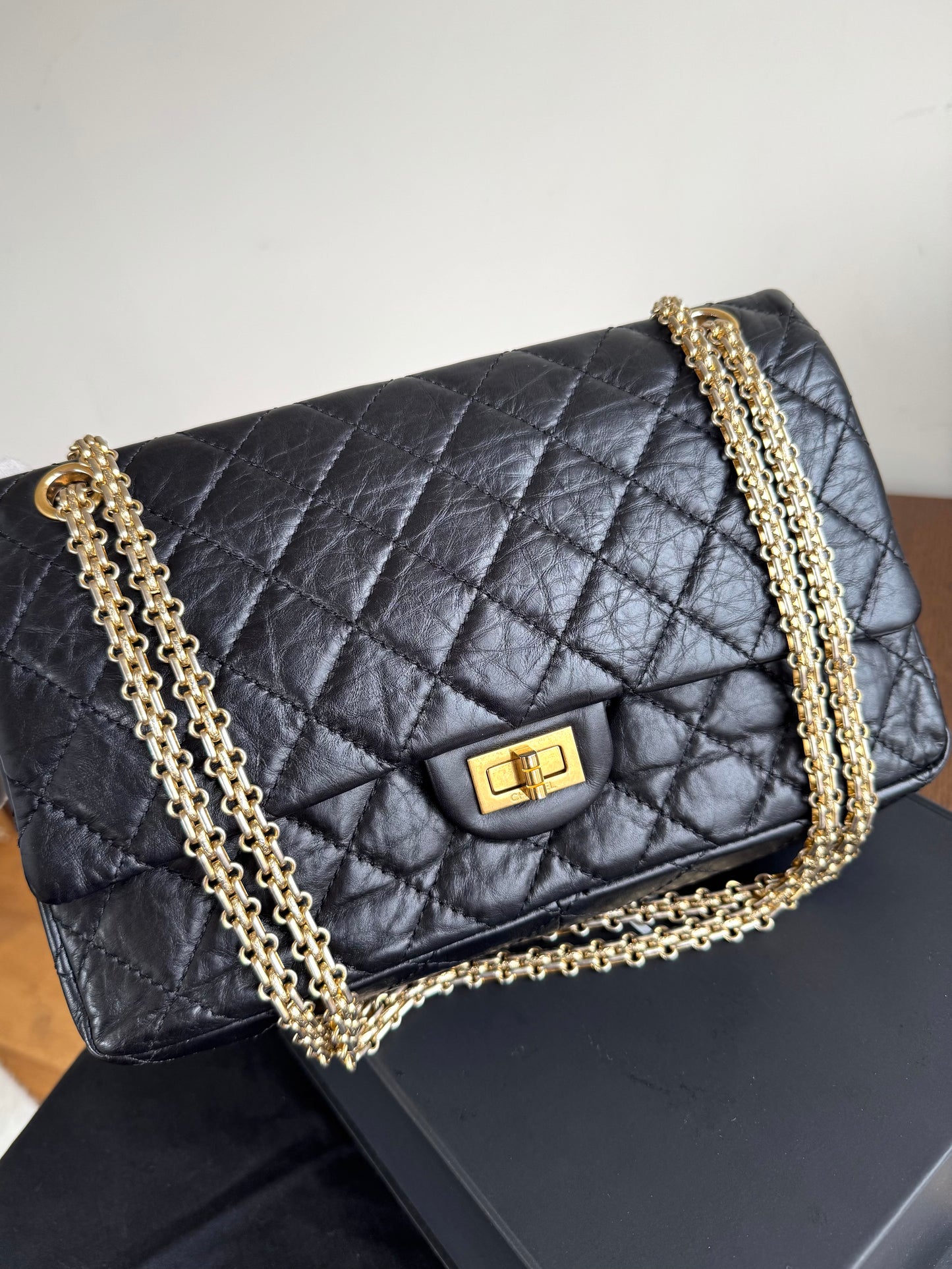 Pre-owned Chanel 2.55 Reissue Large 226 Black Calfskin Flap Bag