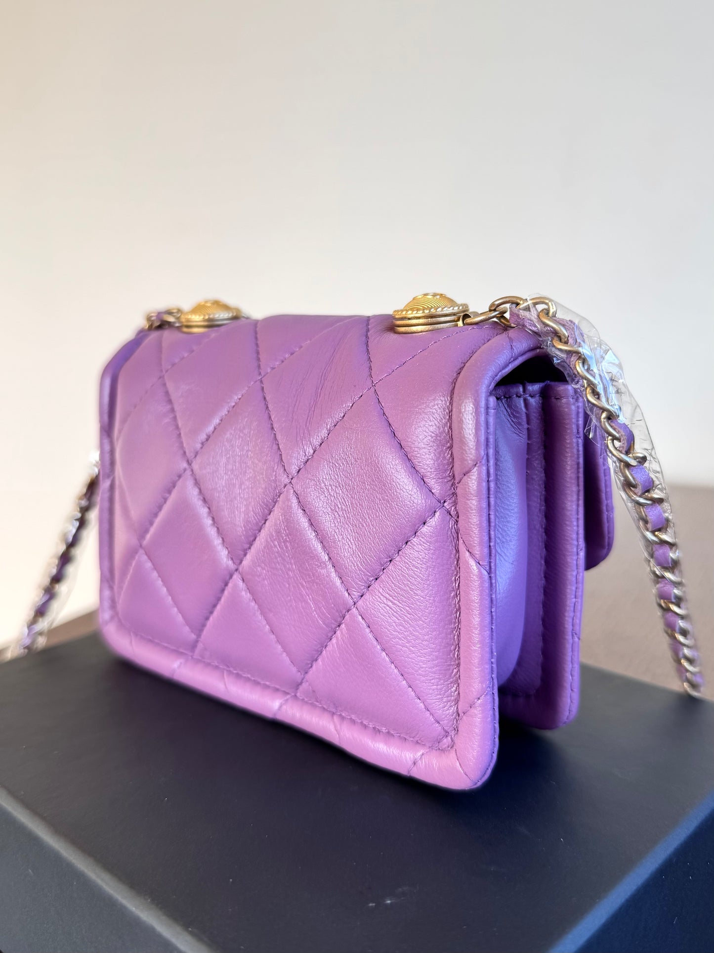 Pre-owned Chanel Button On Top Mini Purple Lambskin Flap Bag