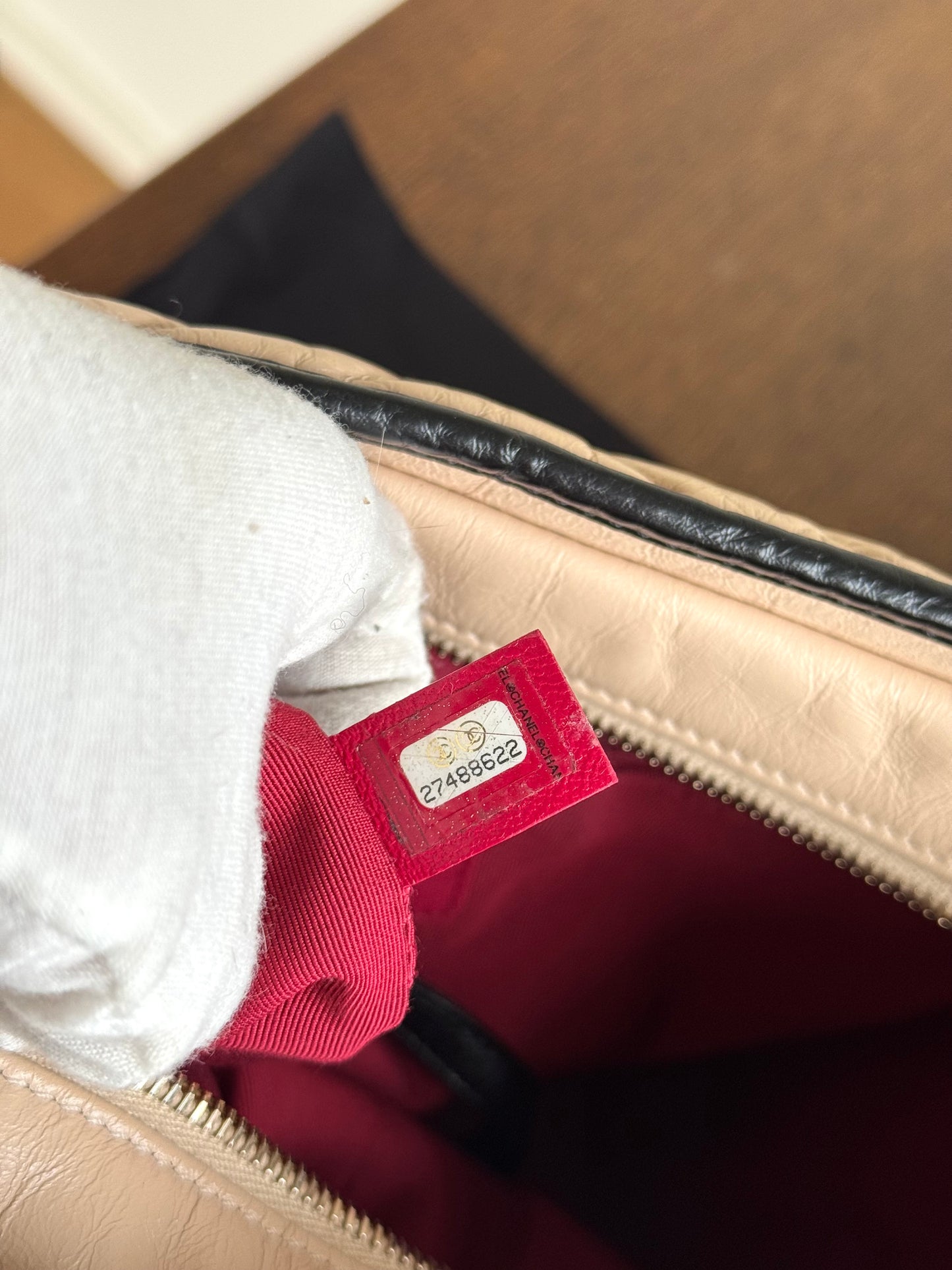 Pre-owned Chanel Gabrielle Medium V-Stitch Beige Black Leather Hobo Bag