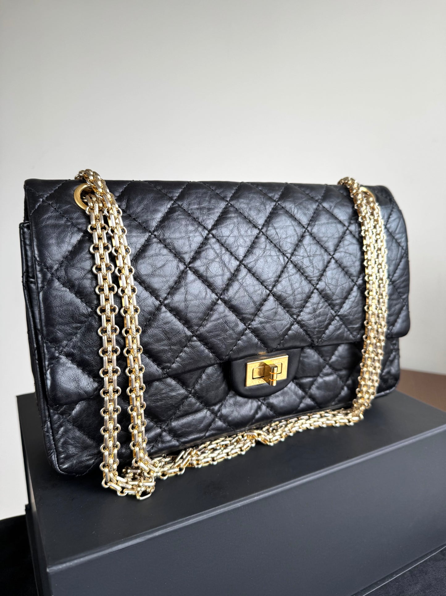 Pre-owned Chanel 2.55 Reissue Large 226 Black Calfskin Flap Bag
