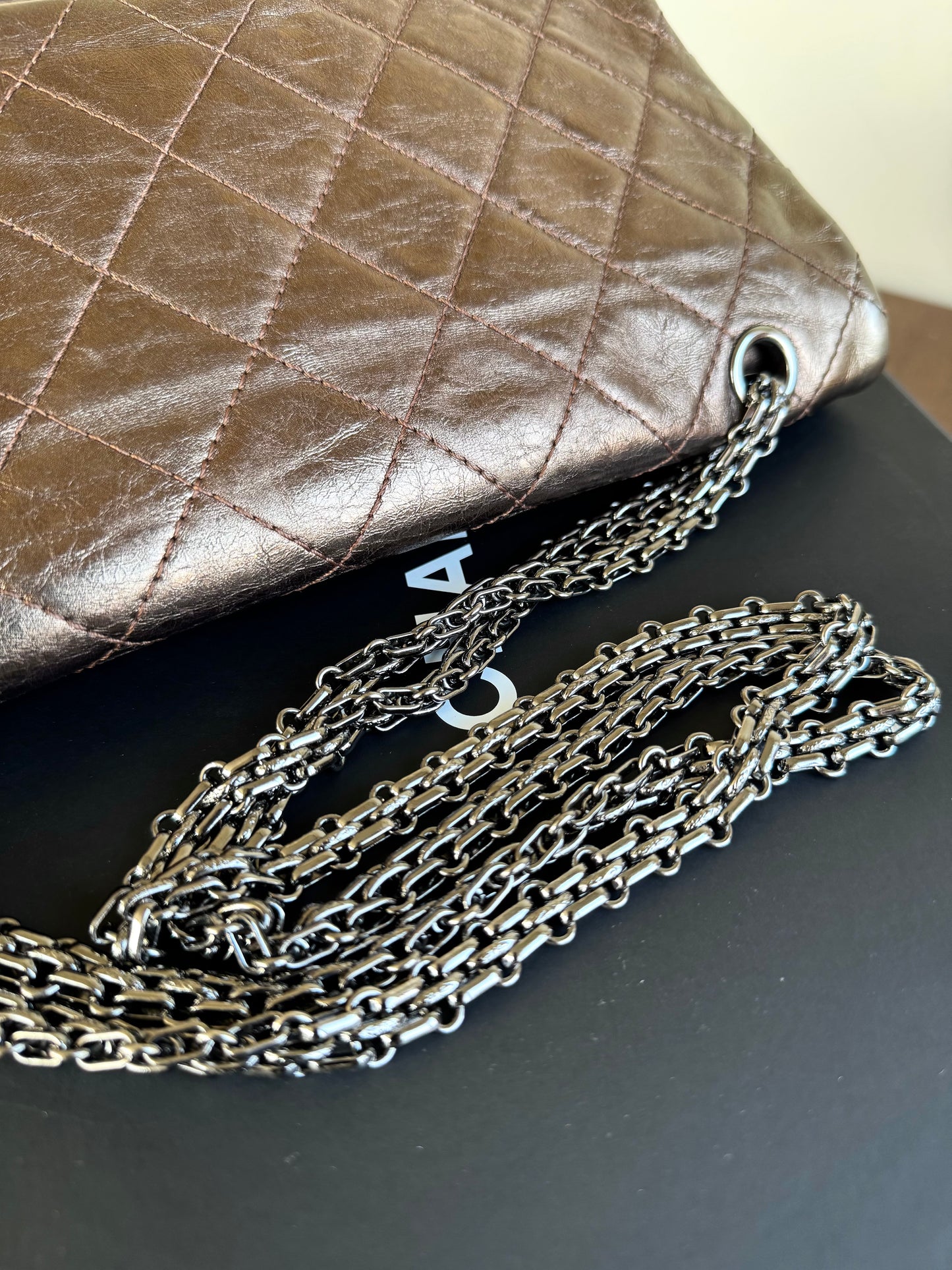 Pre-owned Chanel 2.55 Reissue Maxi 227 Bronze Metallic Calfskin Flap Bag