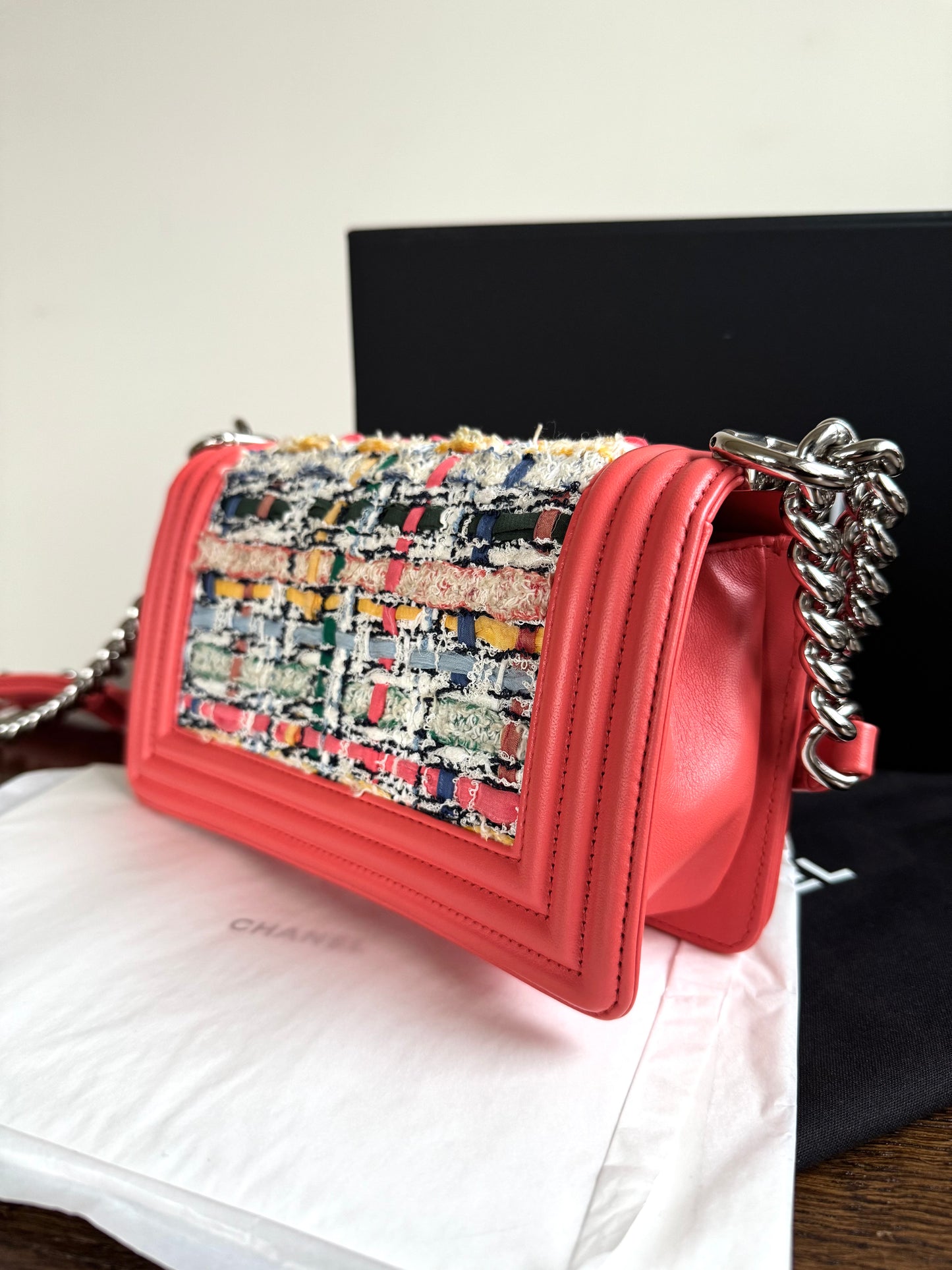 Pre-owned Chanel Boy Small Salmon Pink Tweed Leather Bag
